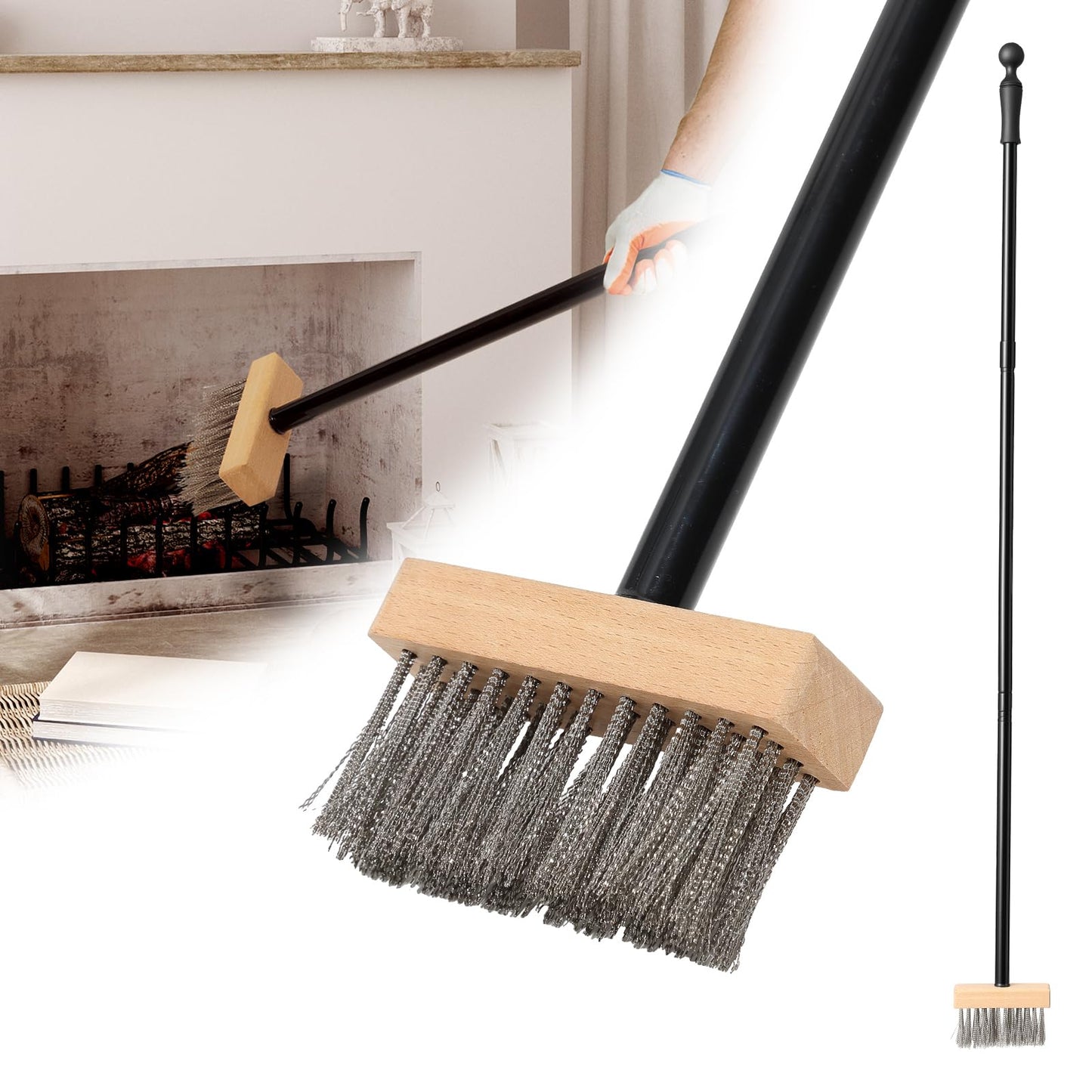 59" Fireplace Brush, Adjustable Metal Handle with Metal bristles, Suitable for Indoor fireplaces, Outdoor fire pits, and Camping. Easily Clears Ashes and Embers