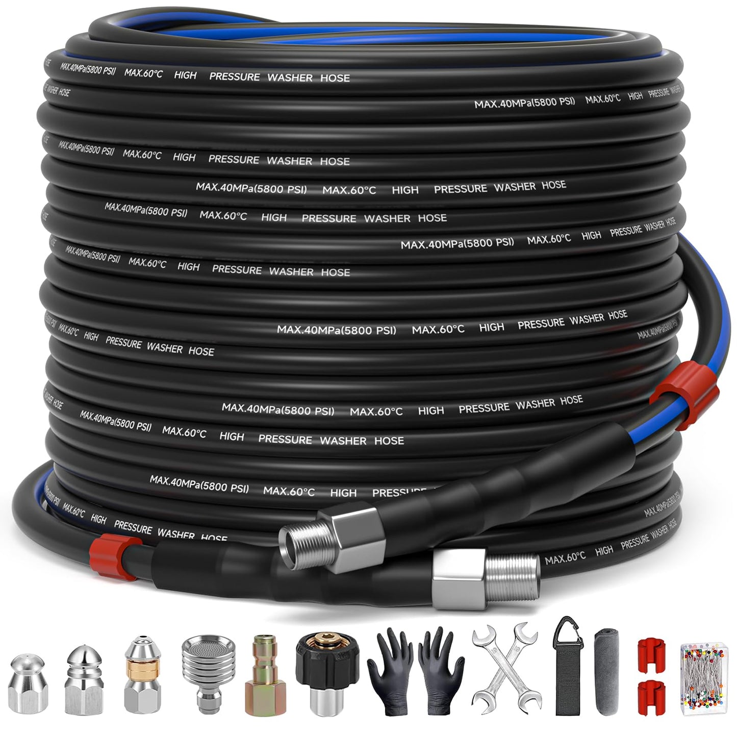 TUTULUCK Sewer Jetter Kit for Pressure Washer 100ft – 5800PSI Drain Cleaning Hose 1/4" NPT Corner with High-Pressure Nozzles, Watering Spray Nozzle, Sewer Cleaning Tools & Easy-to-Store Strap