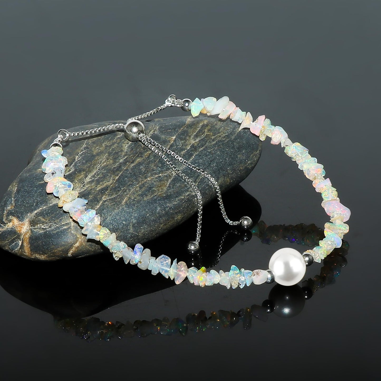 Crystals for Calm - Natural Ethiopian Opal Beads Slider Bracelet with Elegant Pearl, High Grade Nuggets Crystal, Chakra Healing Gemstone, Gift Giving Women Jewelry, Silver Plated Slider 10 inch