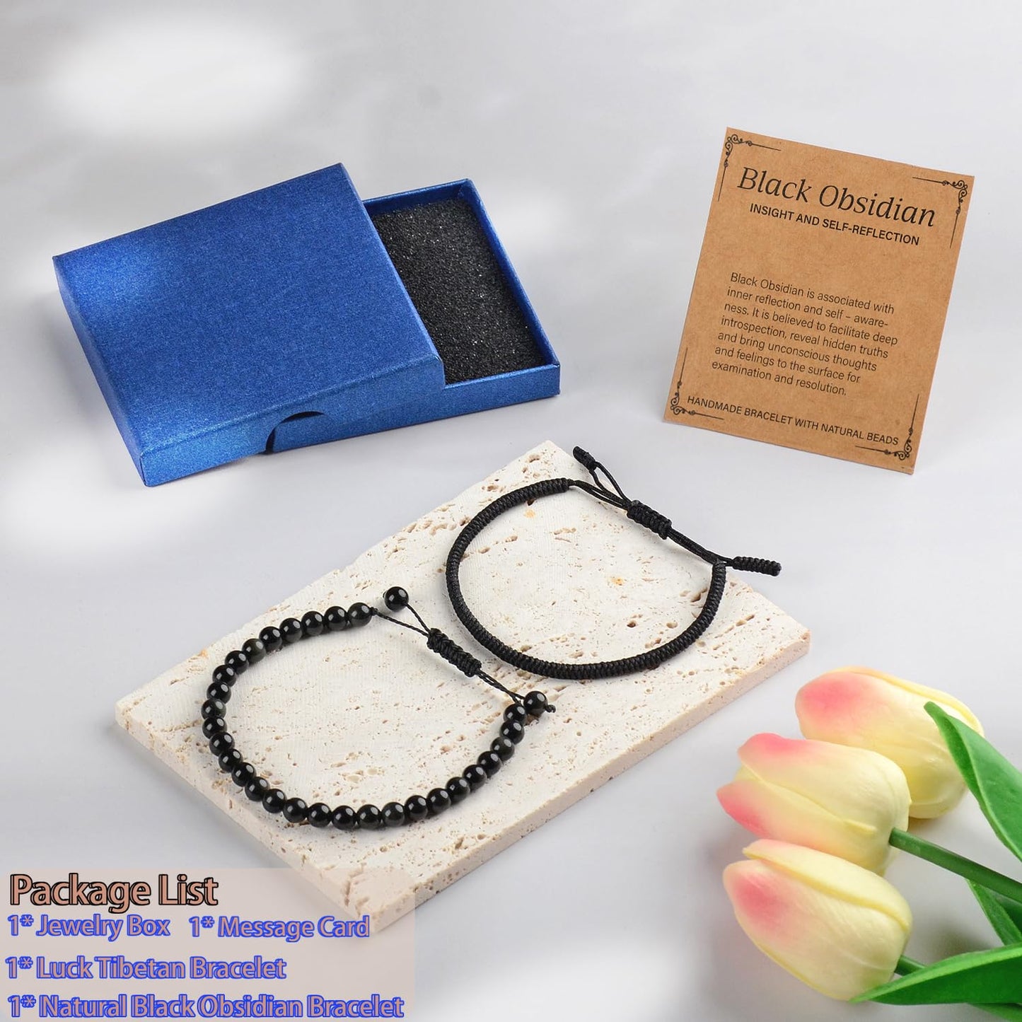 LPBeads 6mm Black Obsidian Bracelet with Handmade Rope Bracelet Size Adjustable Natural Stone Crystal Healing Bracelets Gifts for Unisex Adults