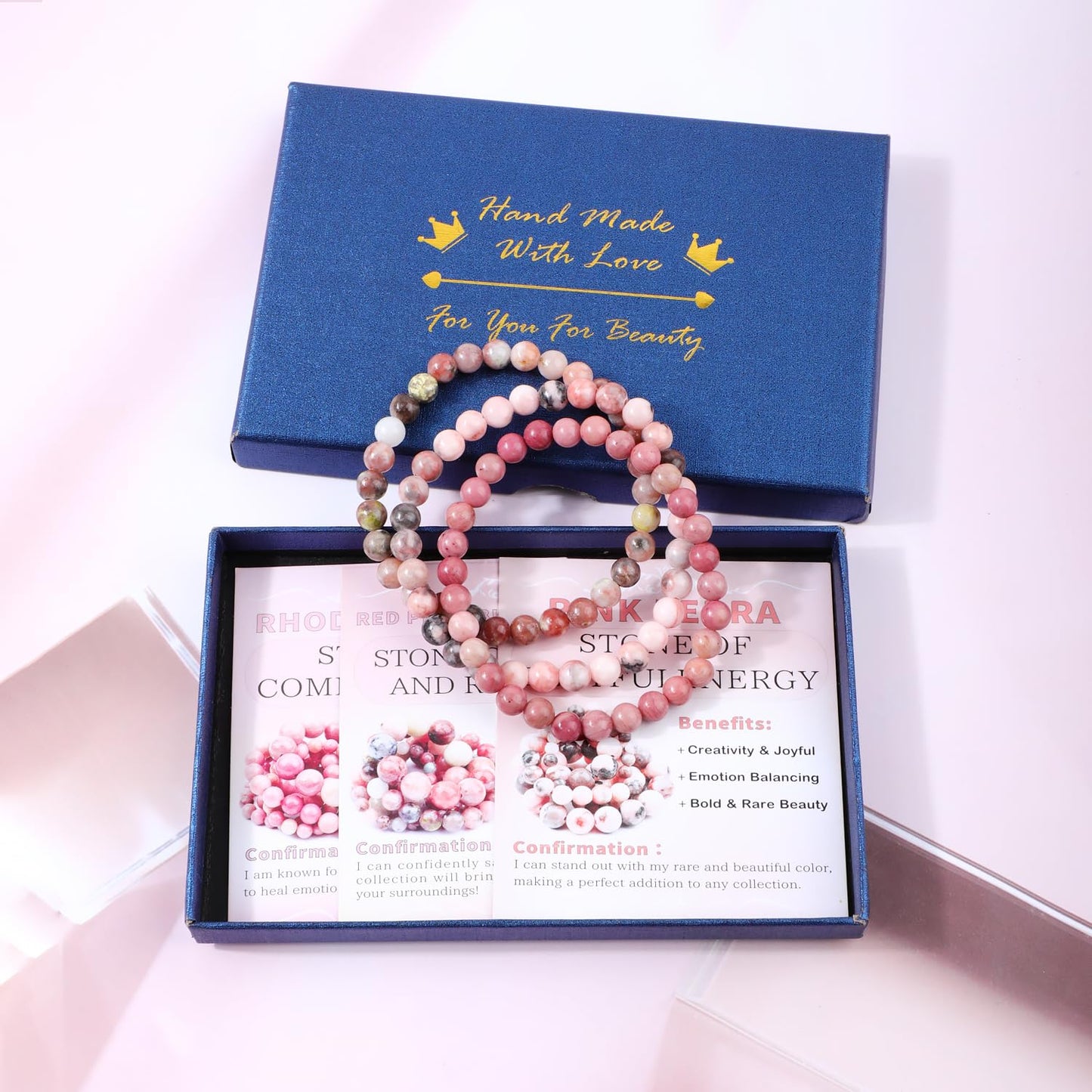 NCB 3-Piece 6mm Natural Crystal Gemstone Stretch Bracelets – ﻿Rhodochrosite, Pink Zebra, Pink Black Rhodonite Handmade Reiki Energy Healing Jewelry for Meditation,Yoga, Unisex