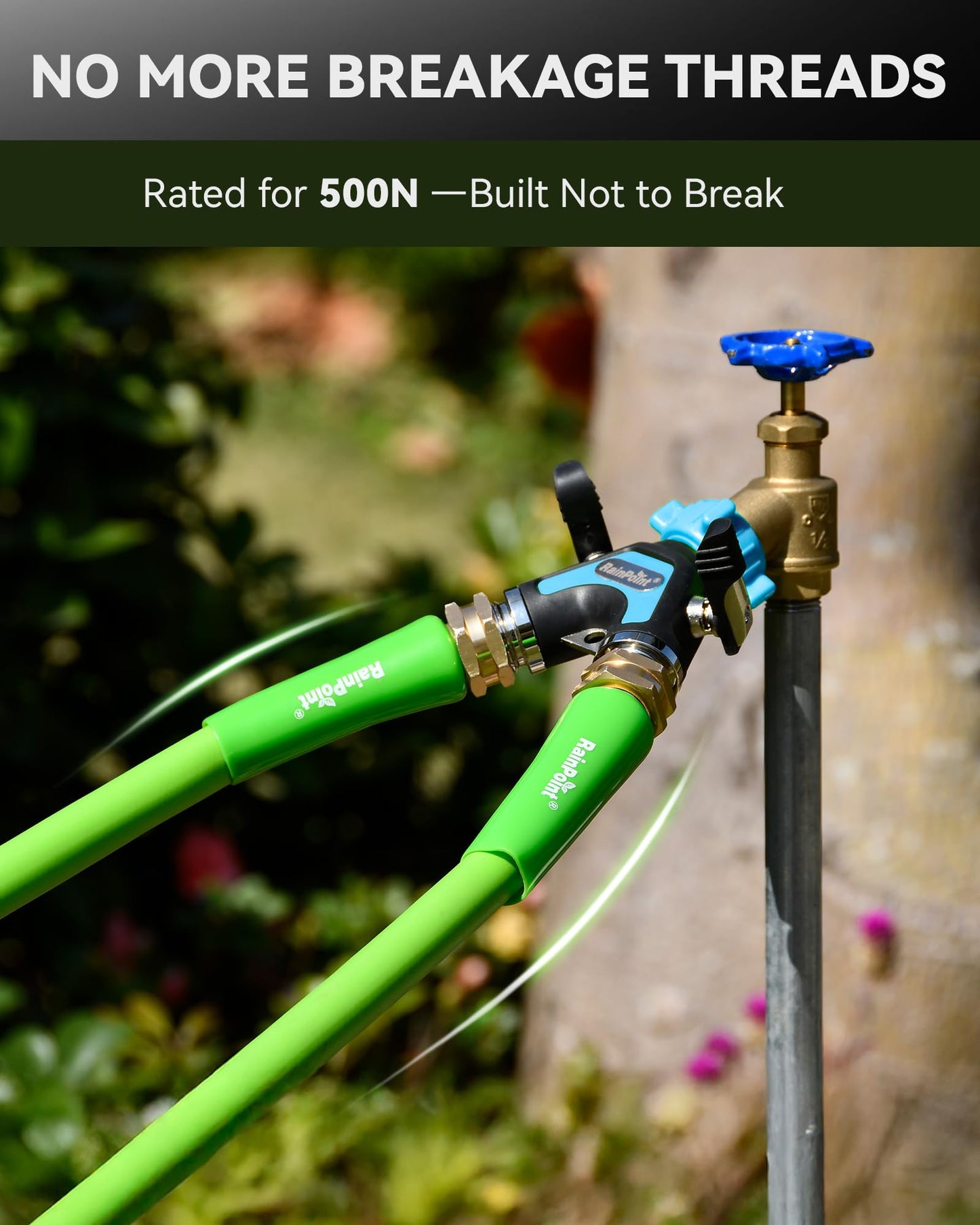 RAINPOINT Garden Hose Splitter 2 Way, All Metal Heavy Duty Water Hose Y Splitter With 2.05" Extra Long Side Handle & Shut Off Valves, 3/4 Inch GHT Thread Connector For Outdoor Spigot Faucet (Blue)