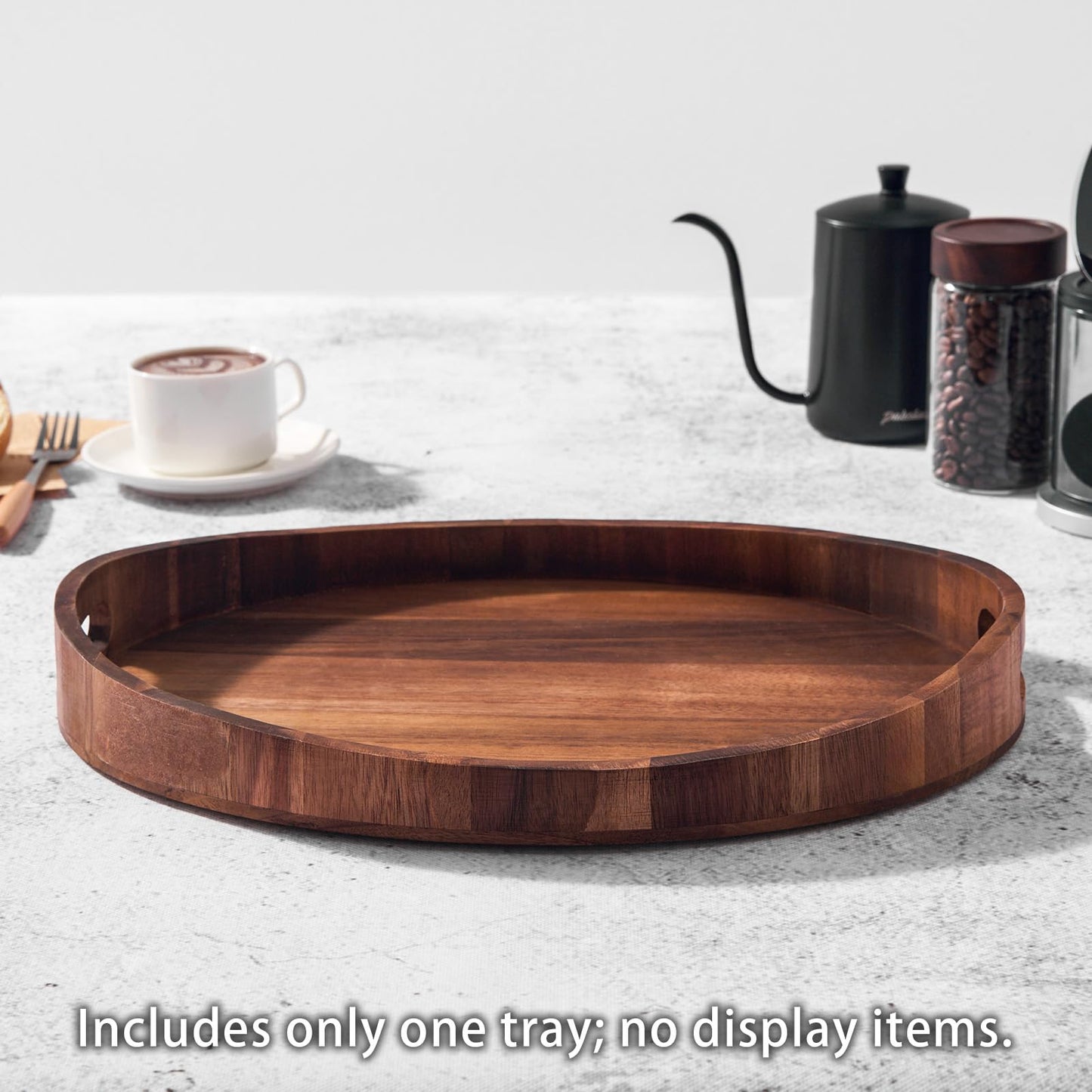 SARUFO Acacia Wood Round Ottoman Tray – Decorative Serving Tray with Handles for Coffee Table, Breakfast in Bed, Living Room, Kitchen Counter, Candle Display, Tea Party, Lunch, Dinner, Bathroom