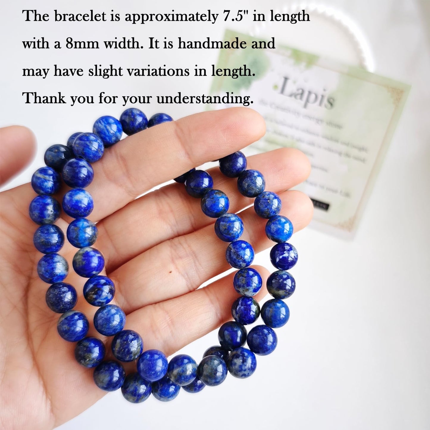 Handmade Natural Gemstone Elastic Bracelet - Healing Crystal Beads Jewelry, Unisex (Lapis Lazuli, 8mm)