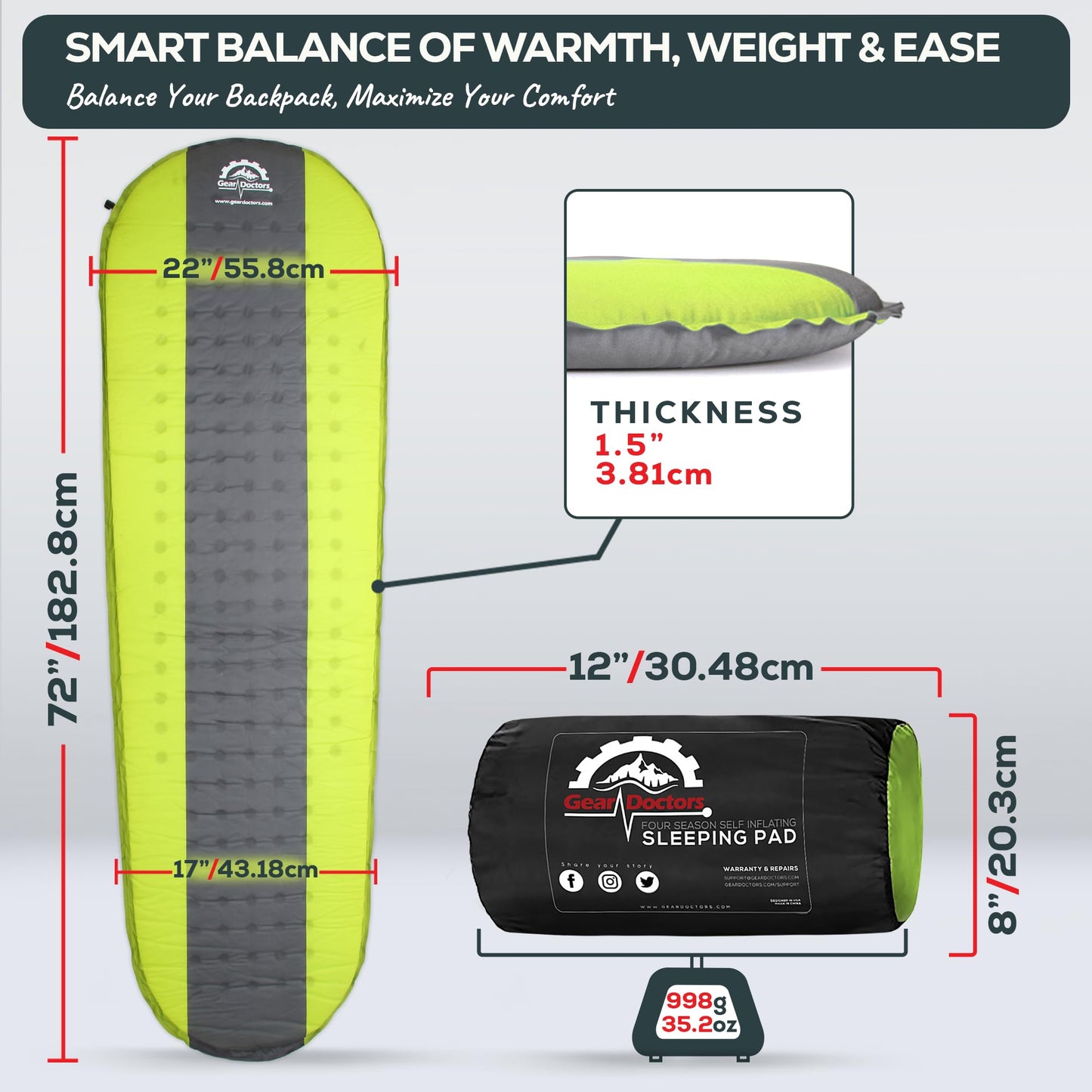 Gear Doctors Oxylus 4.3R-Value Insulated Foam Self Inflating Sleeping Pad Camping—Sleeping Pad Backpacking Air Mattress—Camping Mattress Self Inflating Camp Mat 4 Seasons Sleep Mat—Camp/Floor/Tent/Cot