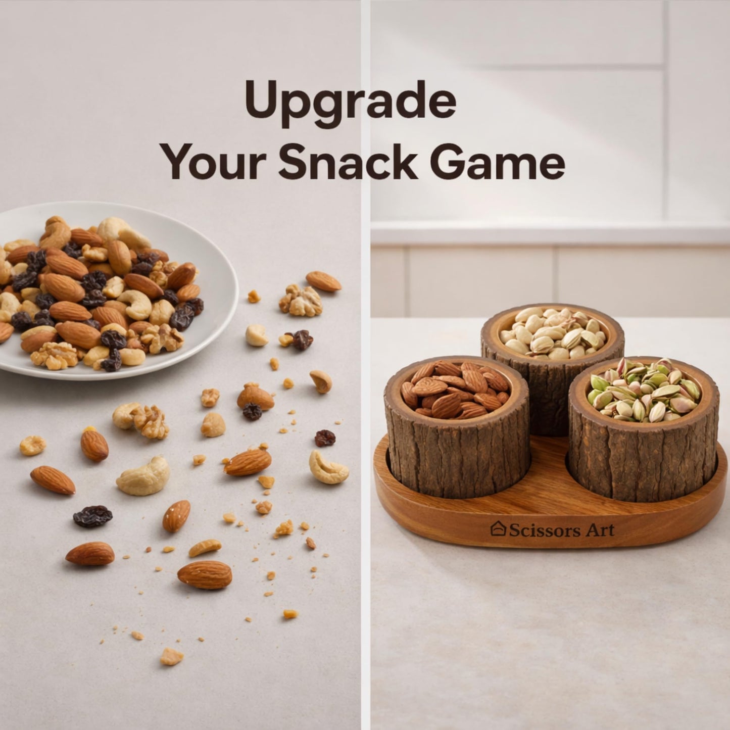 Scissors Art Wooden Dry Fruit Serving Set – 360° Rotating Divided Snack Organizer | Fruit & Veggie Platter for Party, Candy, Appetizer & Condiment Serving Bowls (3 Bowl Set)