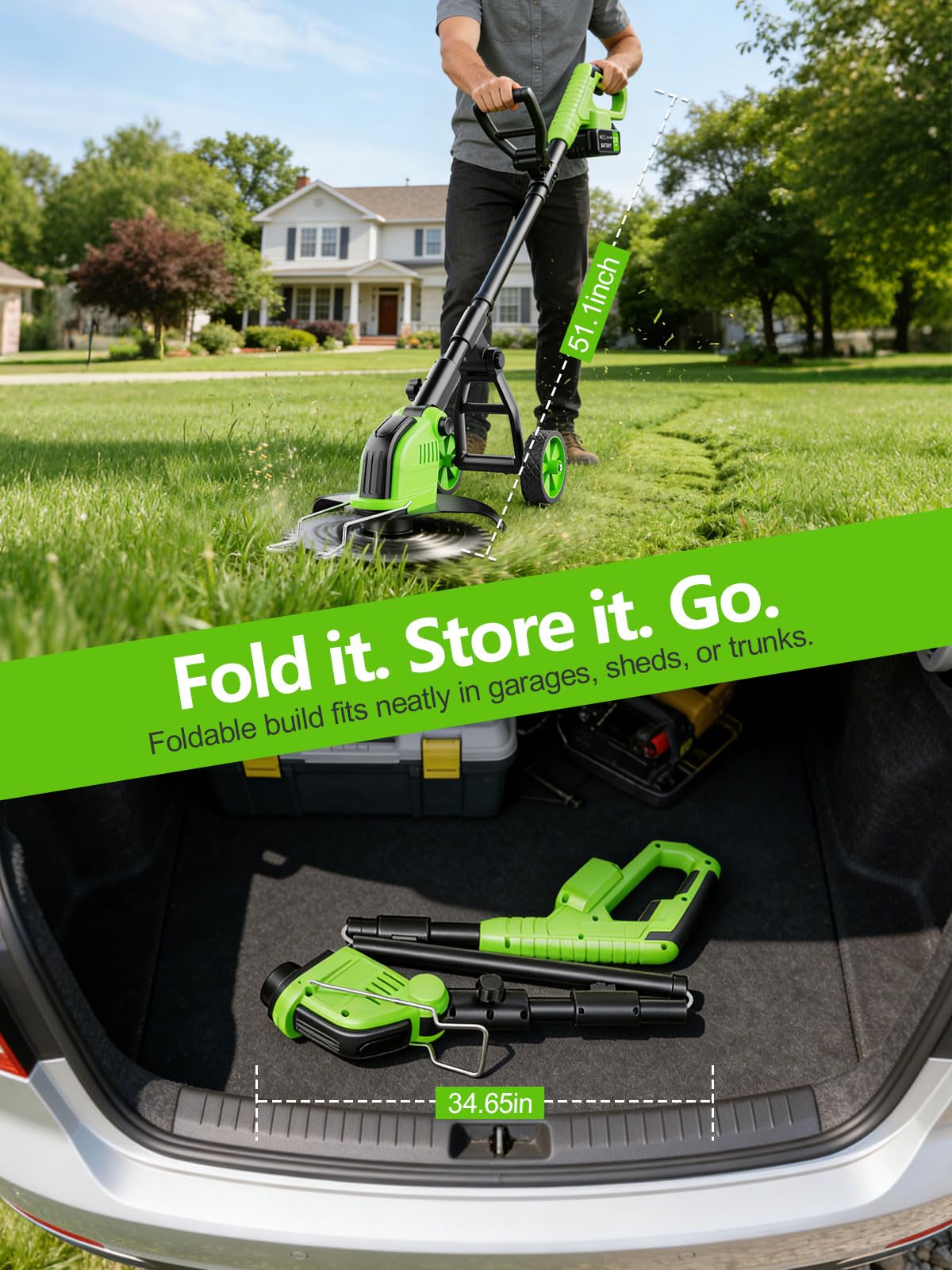 20,000RPM Cordless Electric Weed Wacker, 800W Brushless Weed Eater with Wheels, 12" 4-in-1 String Trimmer Lawn Edger Mini Lawn Mower Brush Cutter, Foldable, 21V, 2×4.0Ah Batteries Power Display