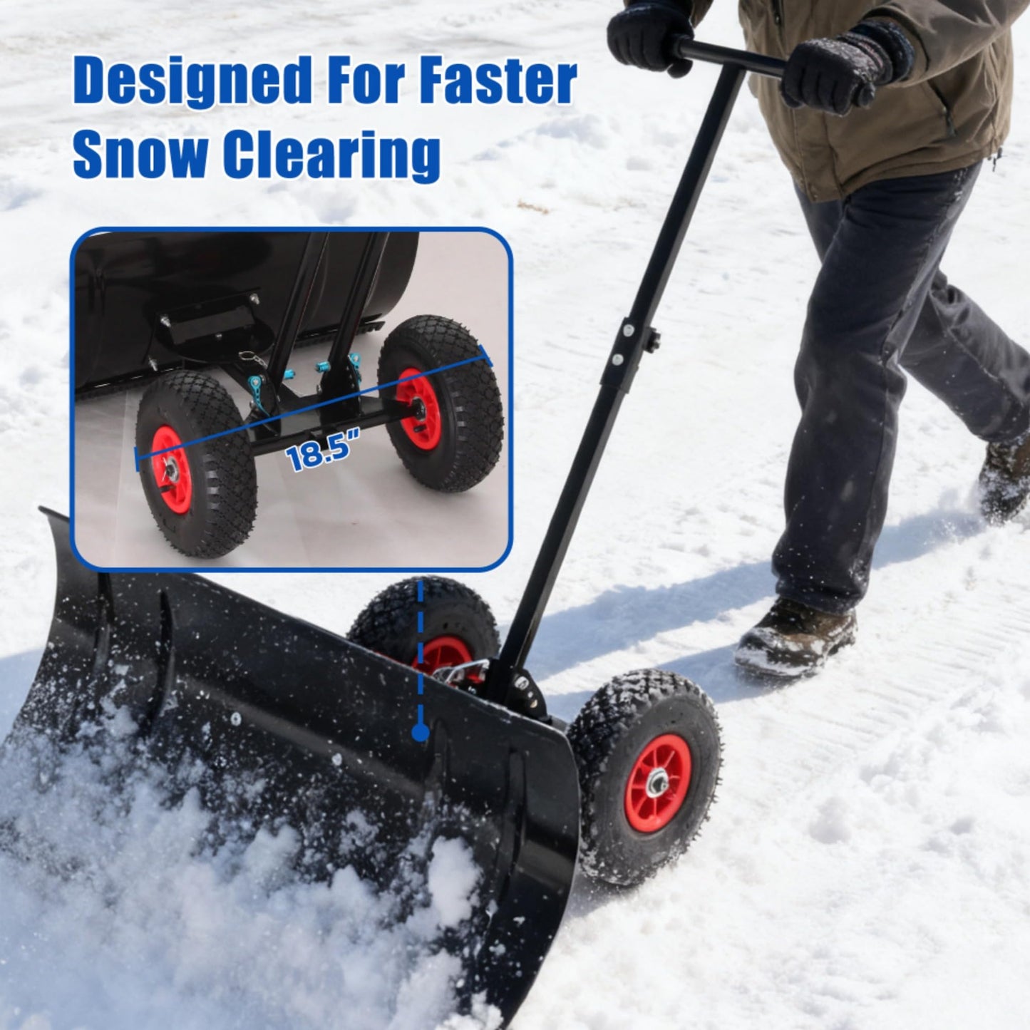 Snow Shovel with Wheels,29" Wide Metal Snow Pusher Shovel with 15" Height &10" Wheels,Adjustable Angle&Height Handle,Effortless Snow Removal,Ergonomic Design for Driveway&Sidewalk (Black Single Rod)