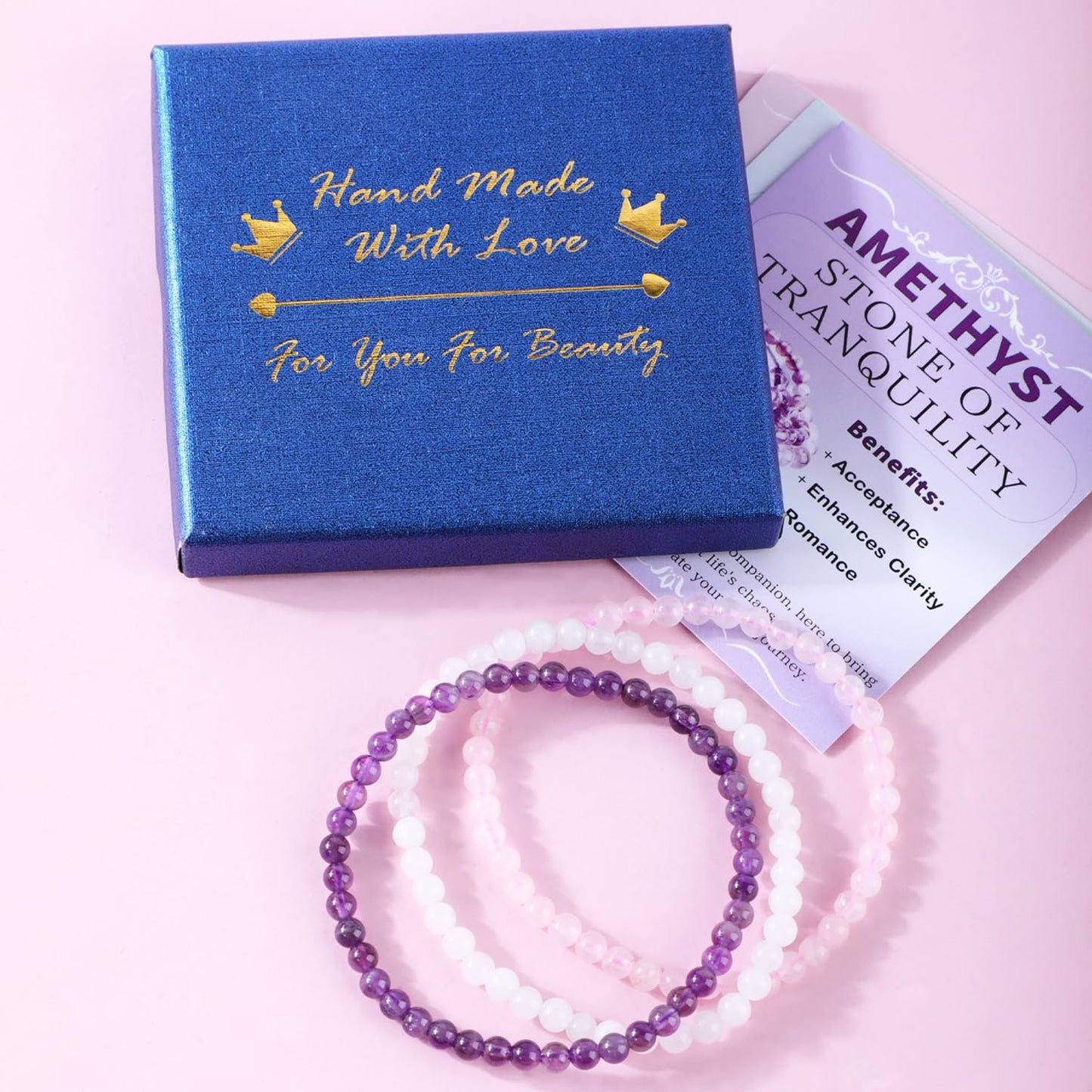 CMBYN 3-Pieces 4mm Natural Crystal Gemstone – ﻿Amethyst, Pink Quartz, White Jade Handmade Reiki Energy Healing Stretch Bracelets Jewelry for Yoga, Meditation, Unisex