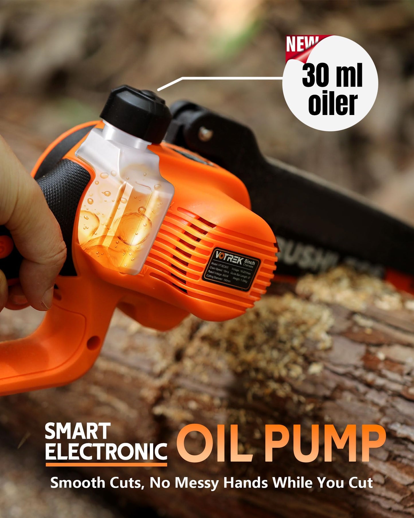 VOTREK® 8-Inch Mini Chainsaw Cordless, 3.0Ah Battery Powered Electric Chain Saw with 2 Chains, Brushless Motor, Auto Oiler, Tool-Free Tensioner for Tree Trimming and Yard Cleanup