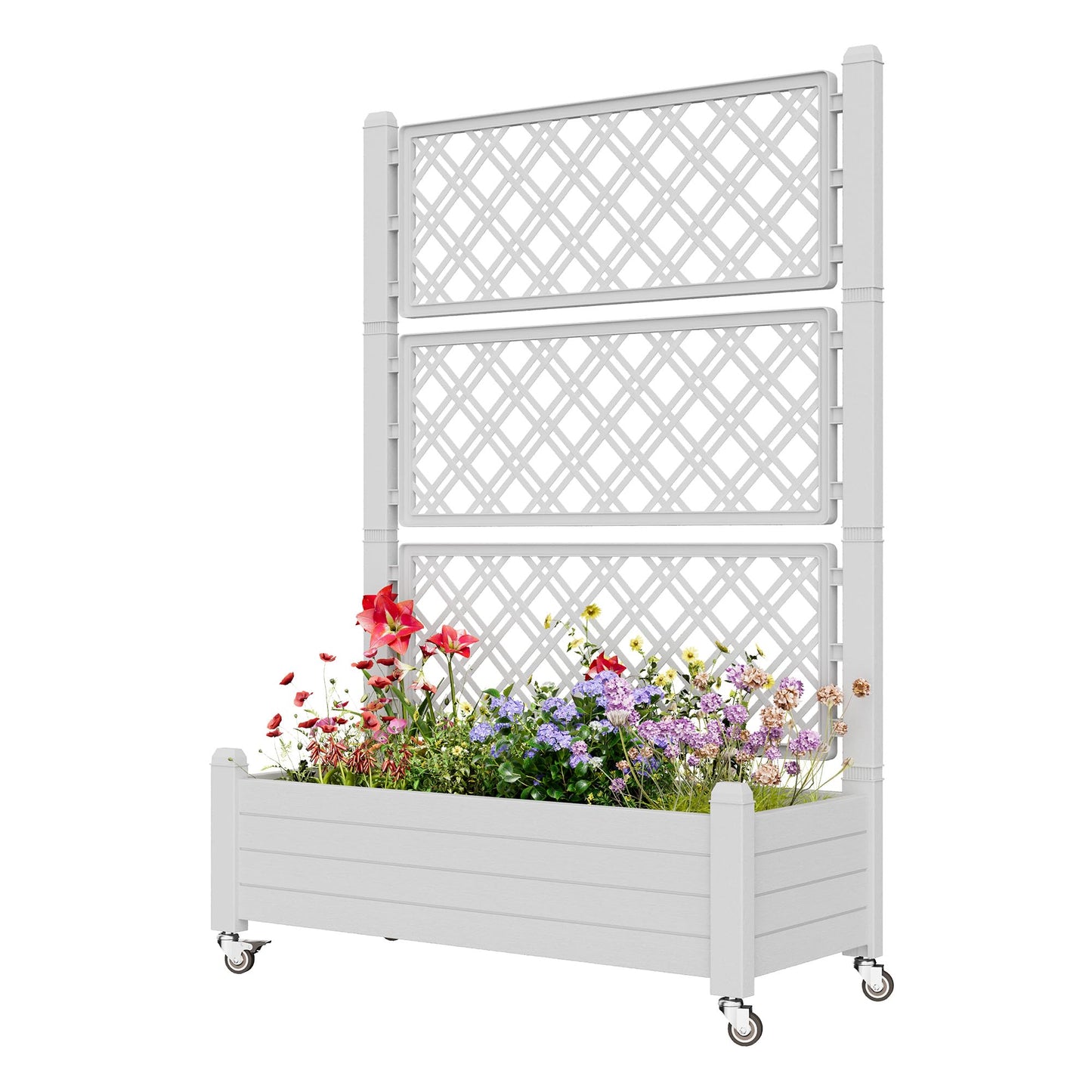 WTFGO Resin Raised Garden Bed with Trellis and Wheels, Planter Box with Trellis Outdoor, Raised Planter with Trellis with Drainage Holes & Water Monitor for Climbing Plants, Ashen(61.2" H)