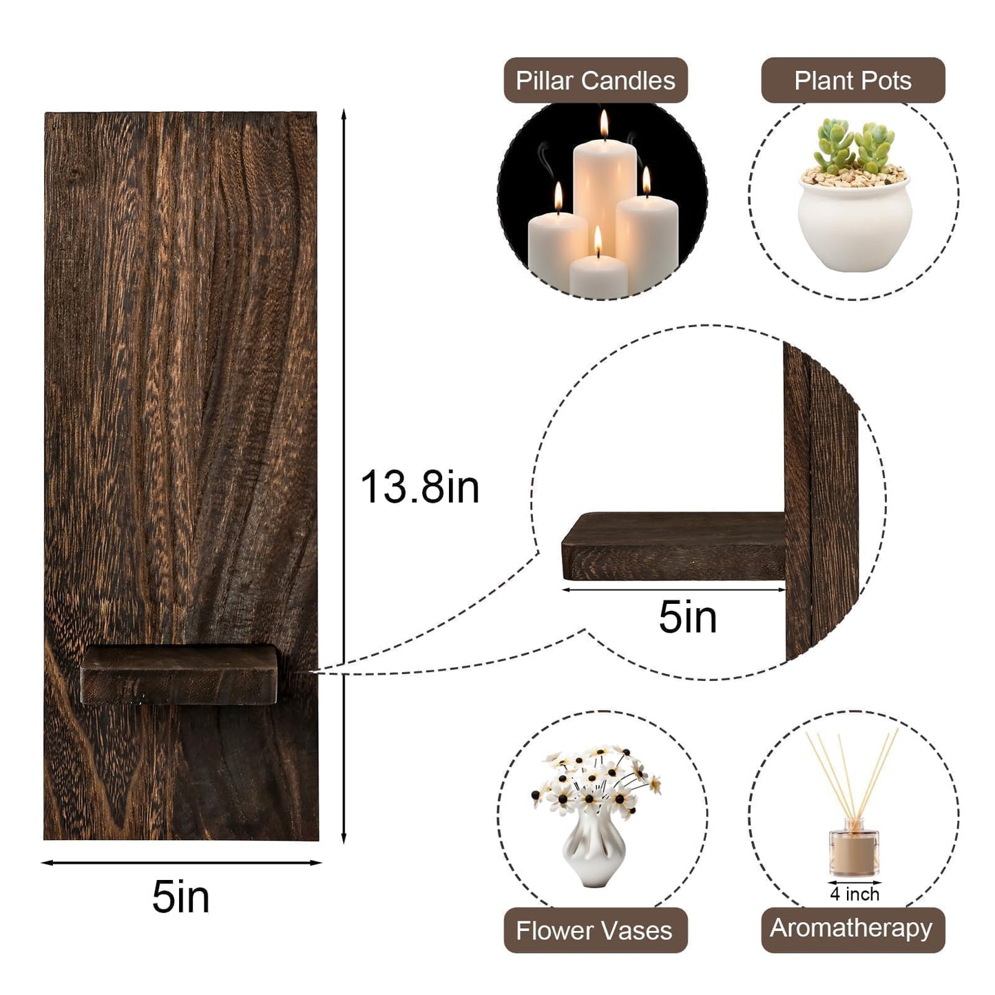 Treory Wood Wall Planter Set of 2, Wooden Wall-Mounted Vase with Shelf for Plants & Candles, Farmhouse Hanging Wall Decor for Living Room, Bedroom, Bathroom, Entryway, Narrow Spaces, 13.8" x 5"