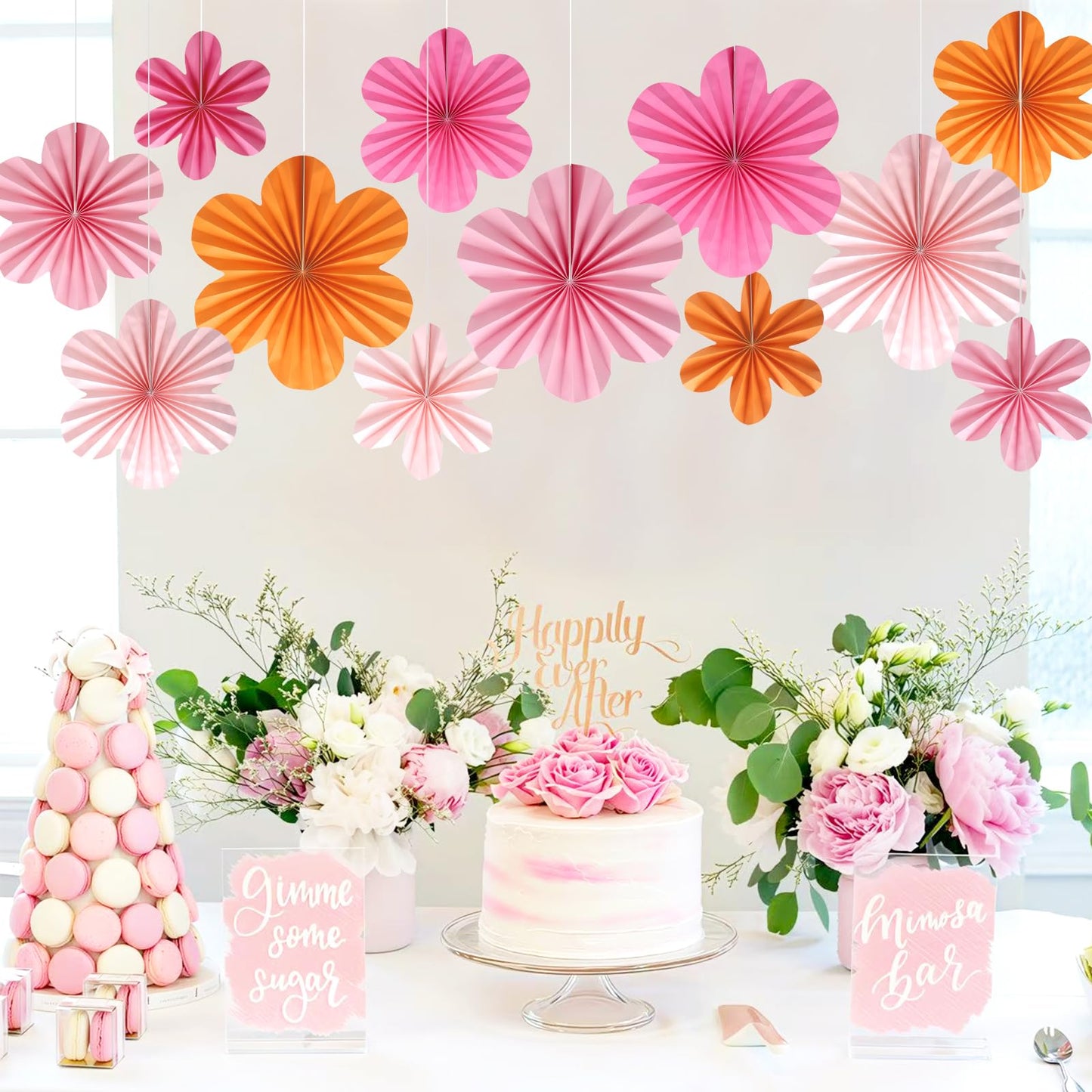 BestoFun 12 PCS Paper Flowers Fans Pink and Orange Party Decorations Paper Flowers Decorations for Wall Girl Groovy Birthday Baby Shower Wedding Bachelorette Room Hanging Décor
