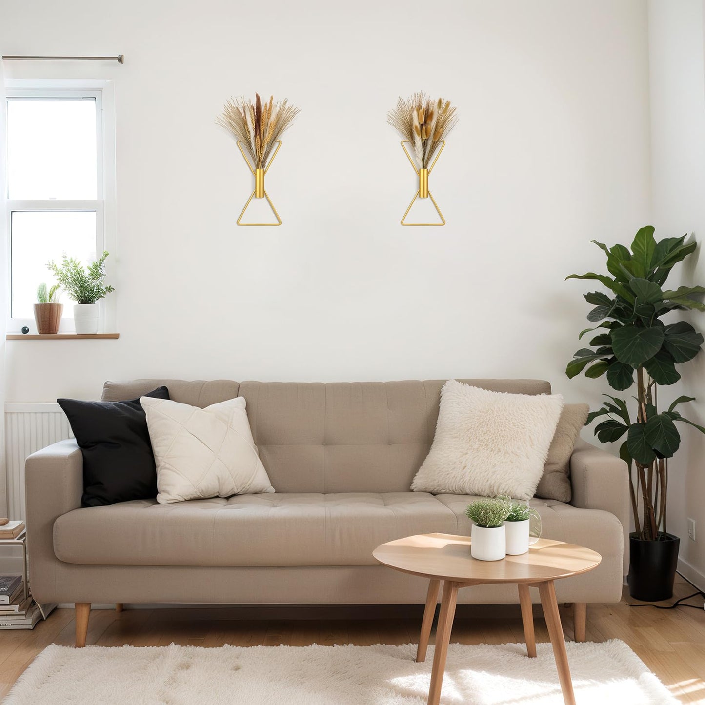 Peryiter 2 Pcs Boho Gold Wall Decor Metal Wall Art X Shaped Hanging Planters with Artificial Pampas Modern Home Gold Bathroom Decor for Bedroom Living Room