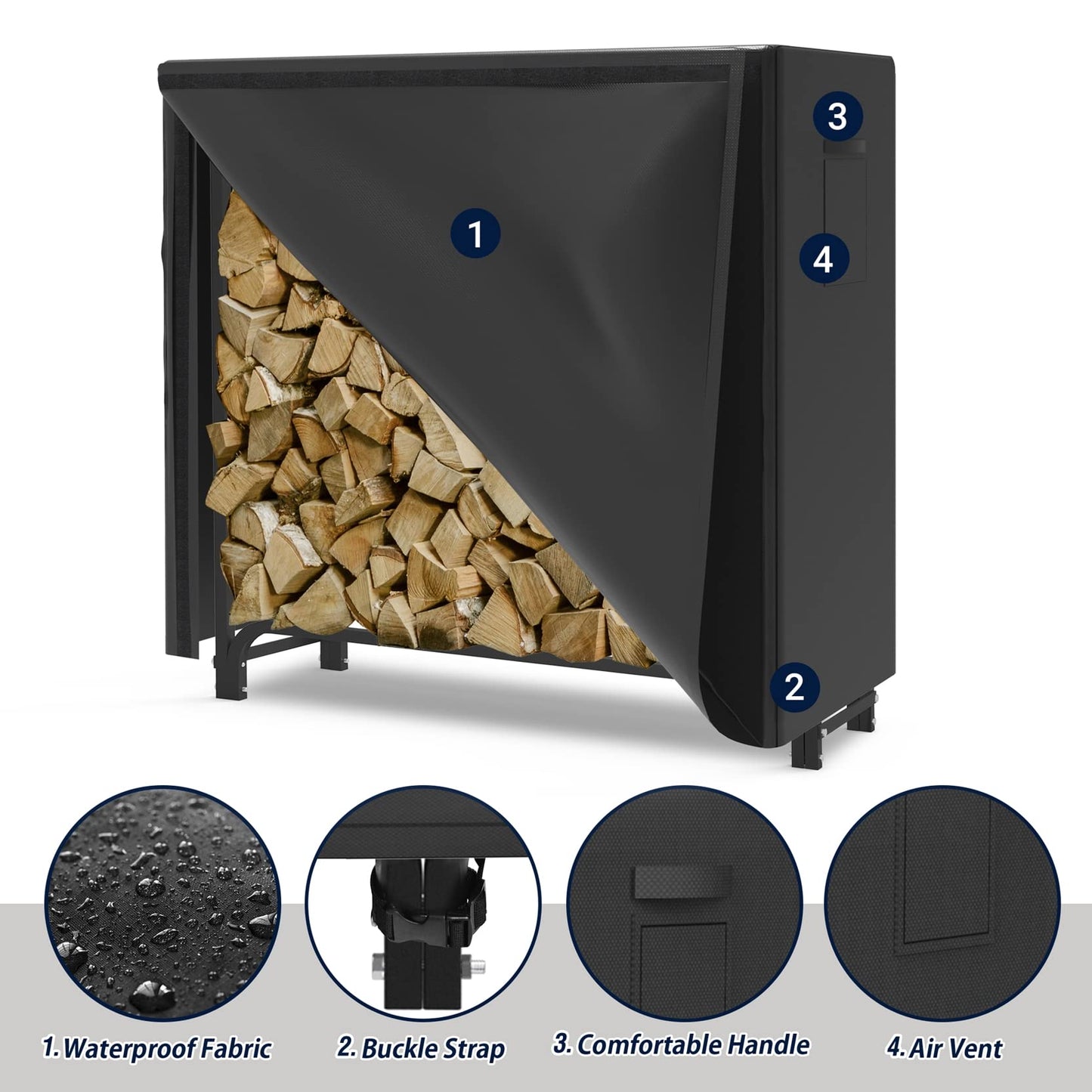 WALMANN 4ft Firewood Log Rack with Cover Outdoor, Heavy Duty Firewood Rack With Weather Resistant 600D Oxford Fabric Cover, Indoor/Outdoor Wood Racks for Fire Wood