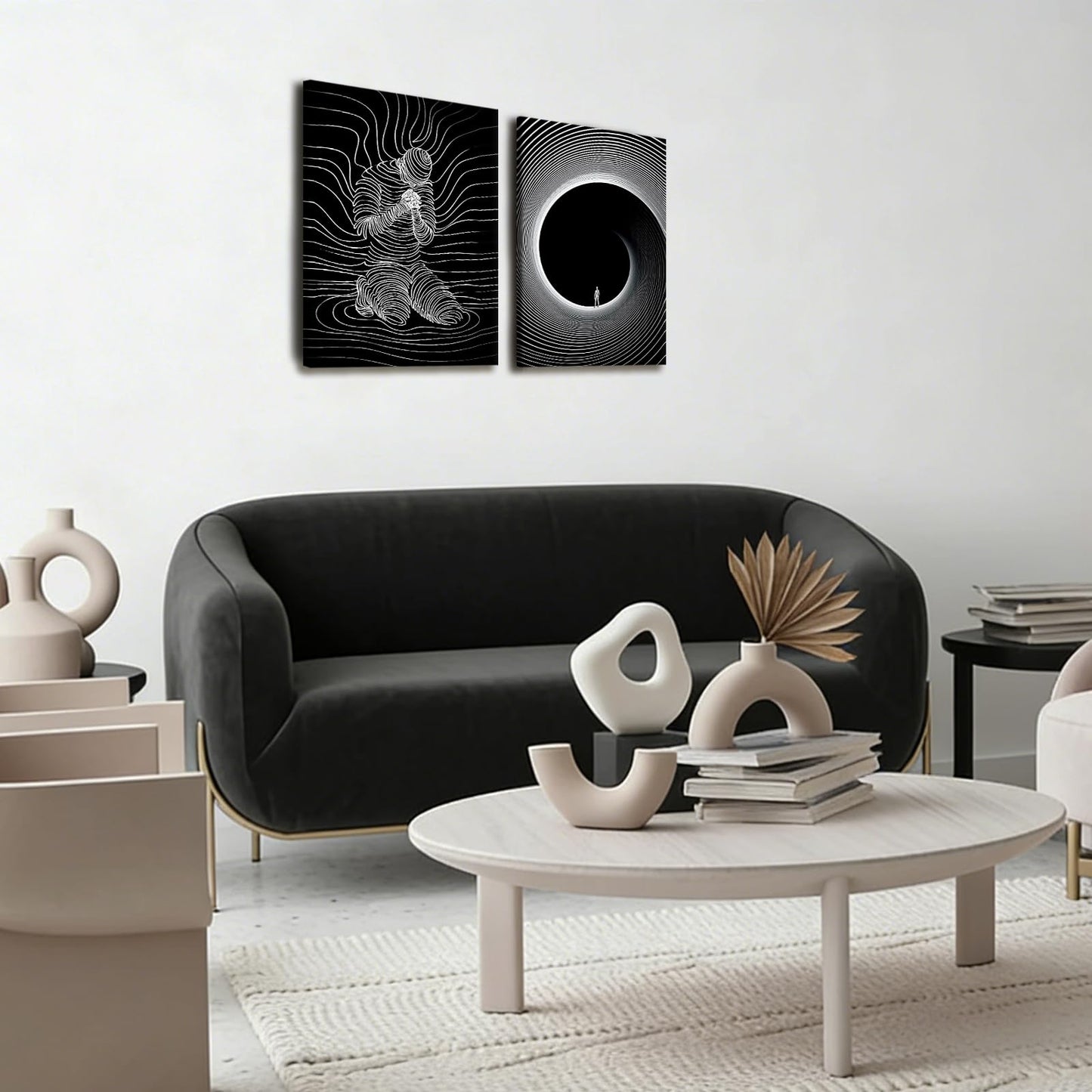 AUUAUU 2 Pcs Abstract Line Art Wall Art Black and White Modern Canvas Painting Minimalist Mental Health Wall Decor Surreal Human Figure Tunnel Art Prints for Living Room Bedroom 12x16 Inches