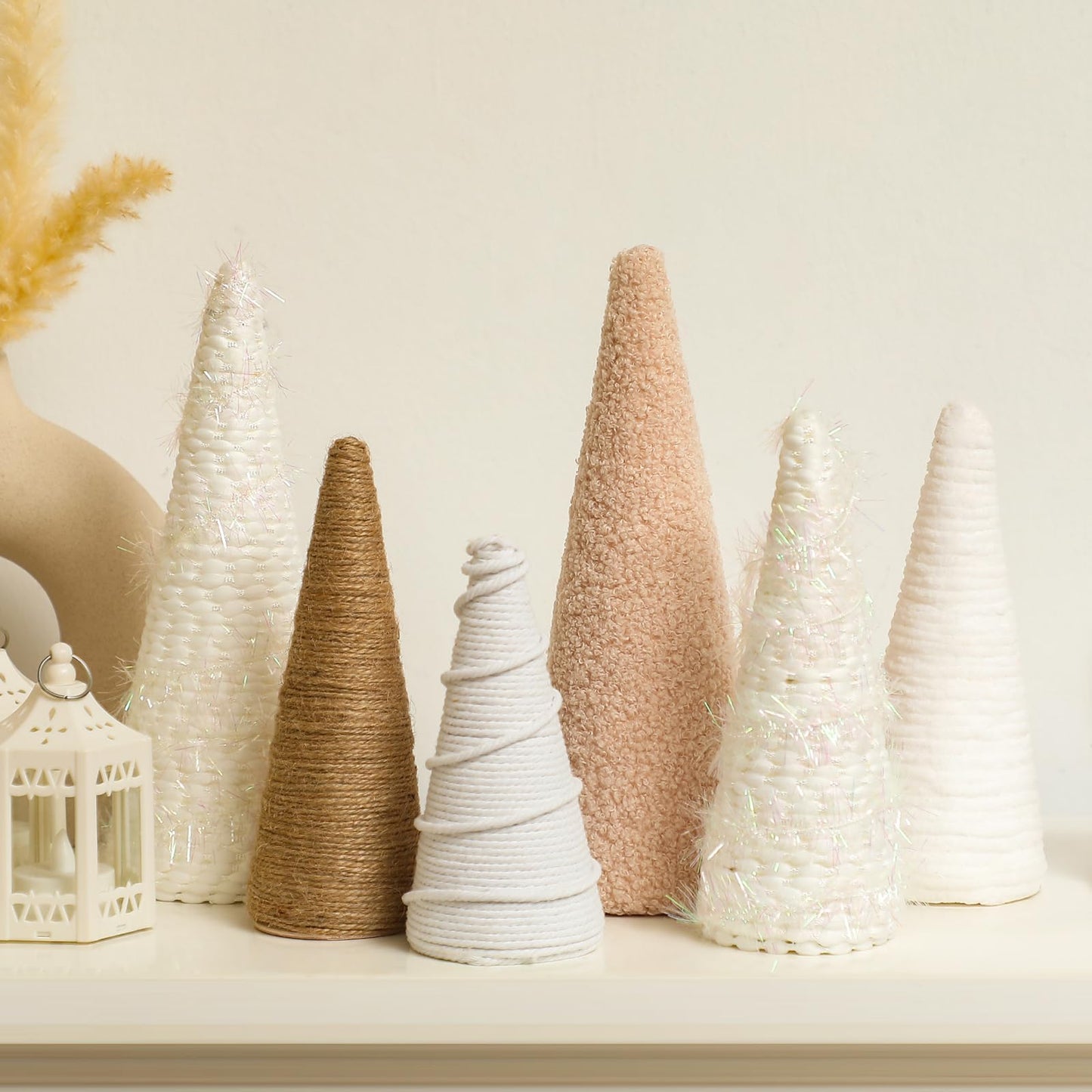 VercanMonth 6 Pcs Christmas Yarn Cone Trees Rustic Farmhouse Christmas Neutral Boho Cone Trees Tabletop Centerpiece Mantle Tree Table Decoration for Winter Holiday Tiered Tray, 8 Inch 7 Inch 5 Inches