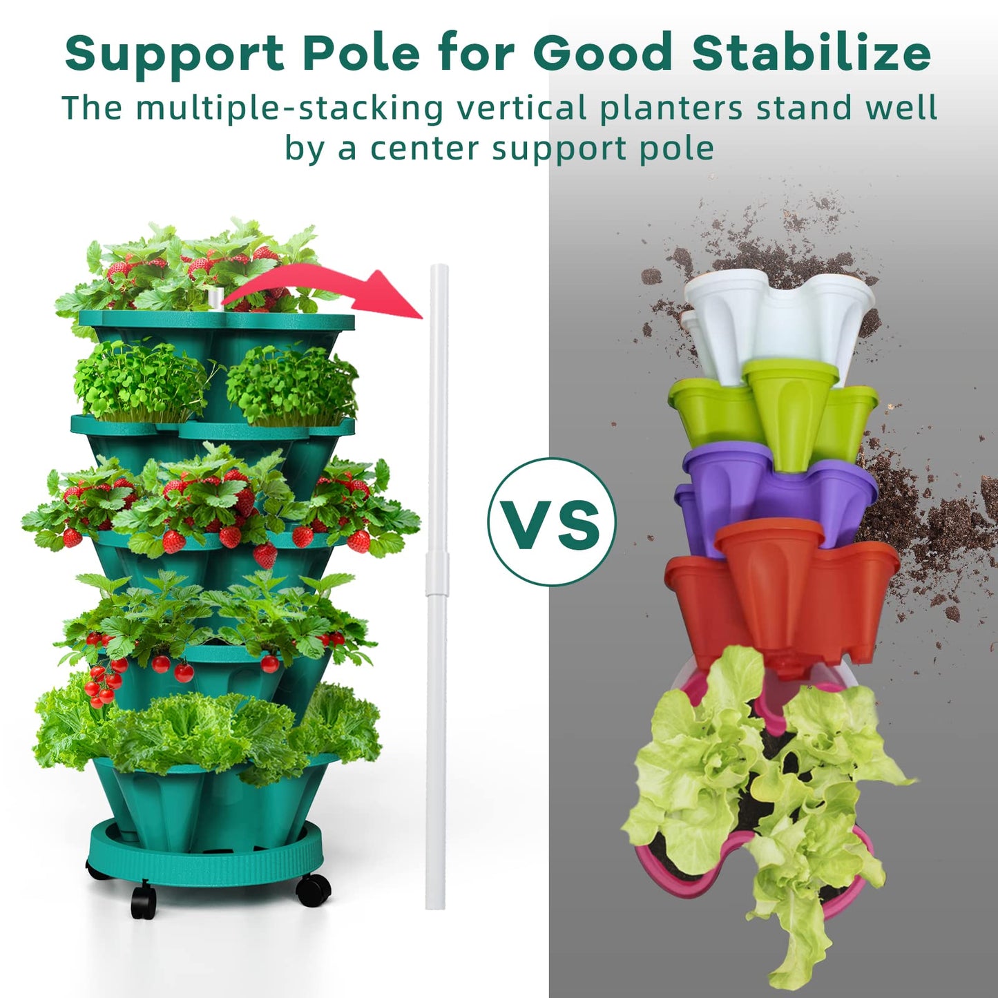 Tectsia Strawberry Vertical Planters Tower Garden, 5 Tiered Stacking Planter with Support Pole, Stackable Herb Vegetable Planters Indoor and Outdoor - Hunter Green