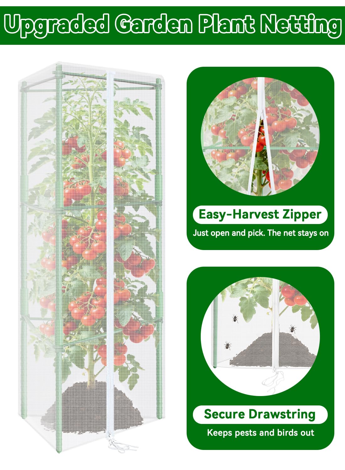 ZeeDix 61" x 16.1" Garden Bird Netting for Triangle Tomato Cage, 2 Pack Garden Mesh Barrier, Plant Covers Protect Tomatoes, Vegetables, Blueberry Bush from Birds & Pests