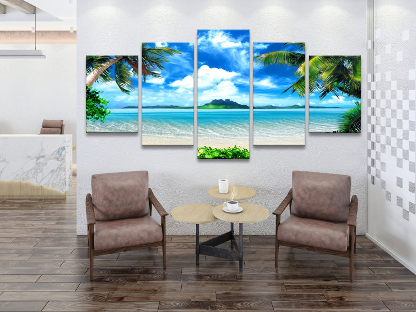 Pyradecor Modern 5 Piece Canvas Prints Artwork Contemporary Landscape Blue Sea Beach Pictures Paintings on Canvas Wall Art for Living Room Home Decorations Extra Large