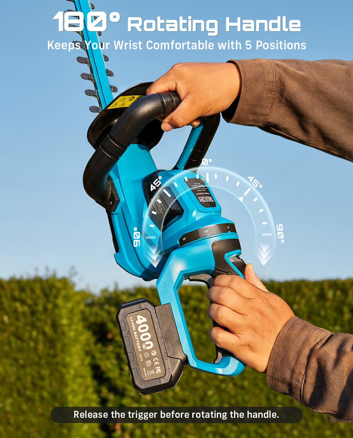 SEESII 22" Hedge Trimmer Cordless, 20V Electric Bush Trimmer with 2 Pcs 4000mAh Batteries & Charger, 180°Rotatable Handle, 3/4" Blade Gap, Debris Collector, Handheld Power Shrub Trimmers for Yard