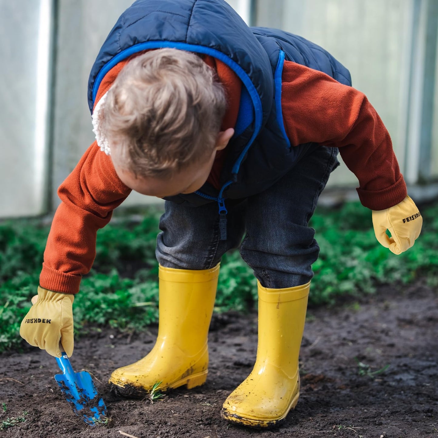 FEISHDEK Kids Leather Gardening Gloves, Toddler Work Gloves, Perfect for Children Gardening for Kids Age 6-7 (Large)