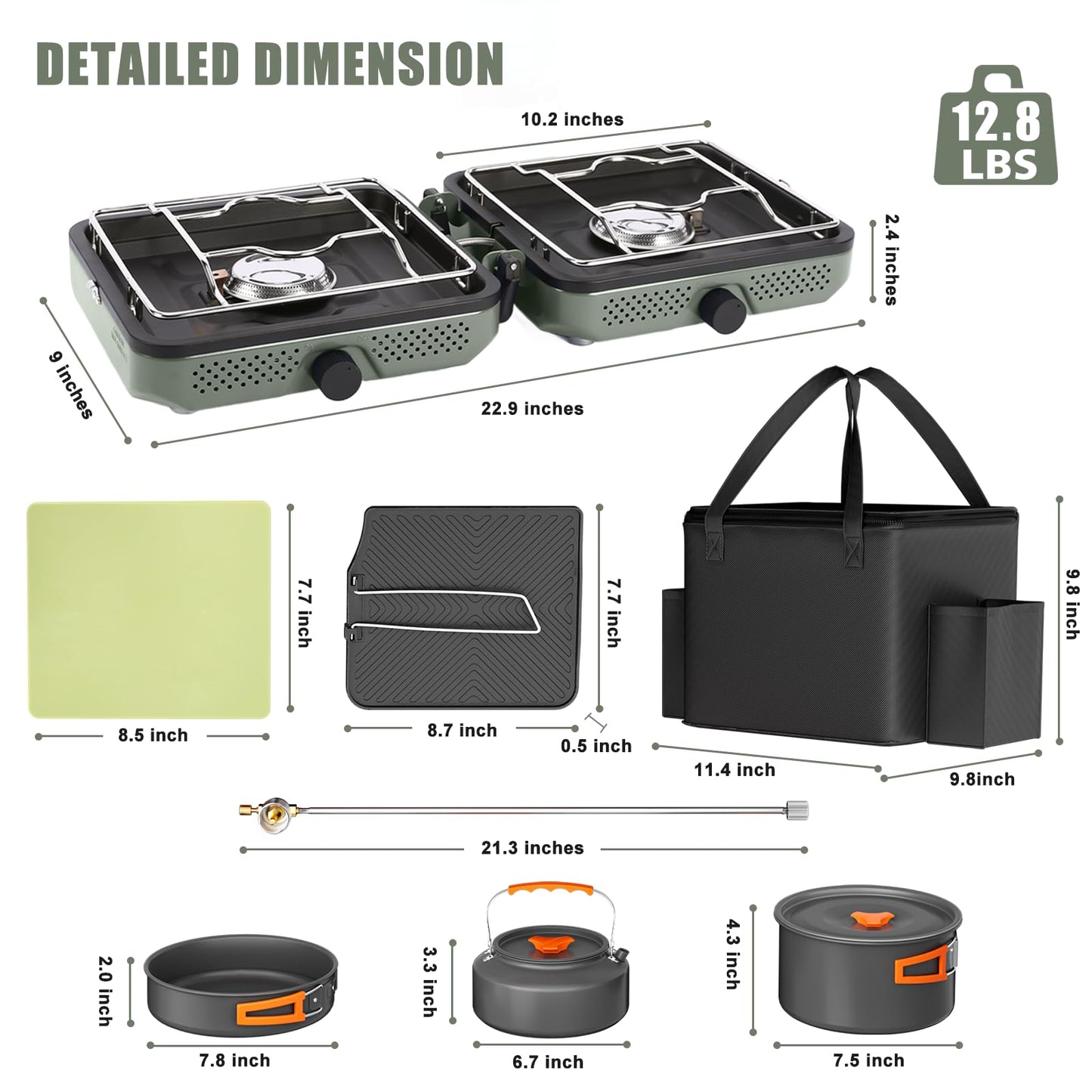 Hisencn 2 Burner Propane Camping Stove, 30000 BTU Foldable Portable Gas Stove with Cookware Set & Carry Bag, Outdoor Cooking for Camping, RV, Emergency Use, Green