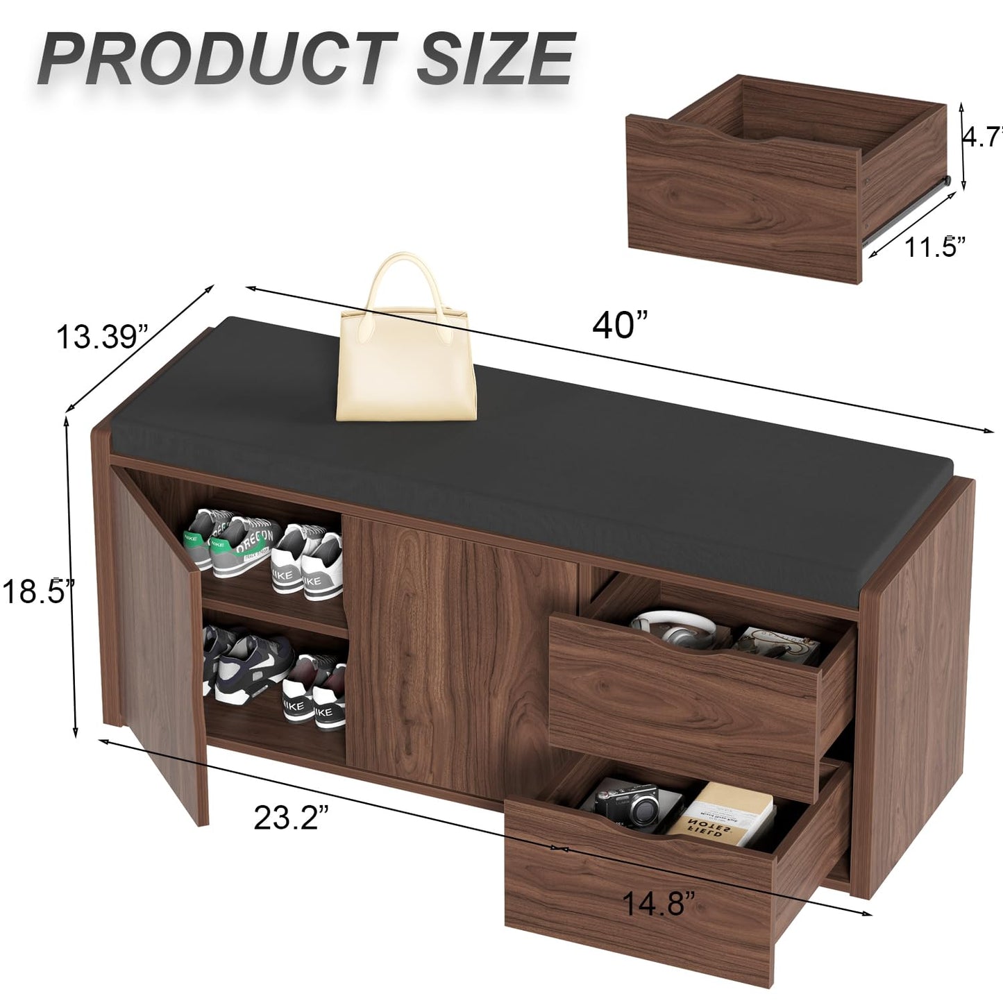 LVB 40” Entryway Storage Bench with Padded Seat Cushion, Wood Hidden Shoe Organizer Bench with 2 Drawers Cabinet, Industrial Shoe Bench for Foyer Entrance Living Bedroom, Walnut Oak, 40 inch