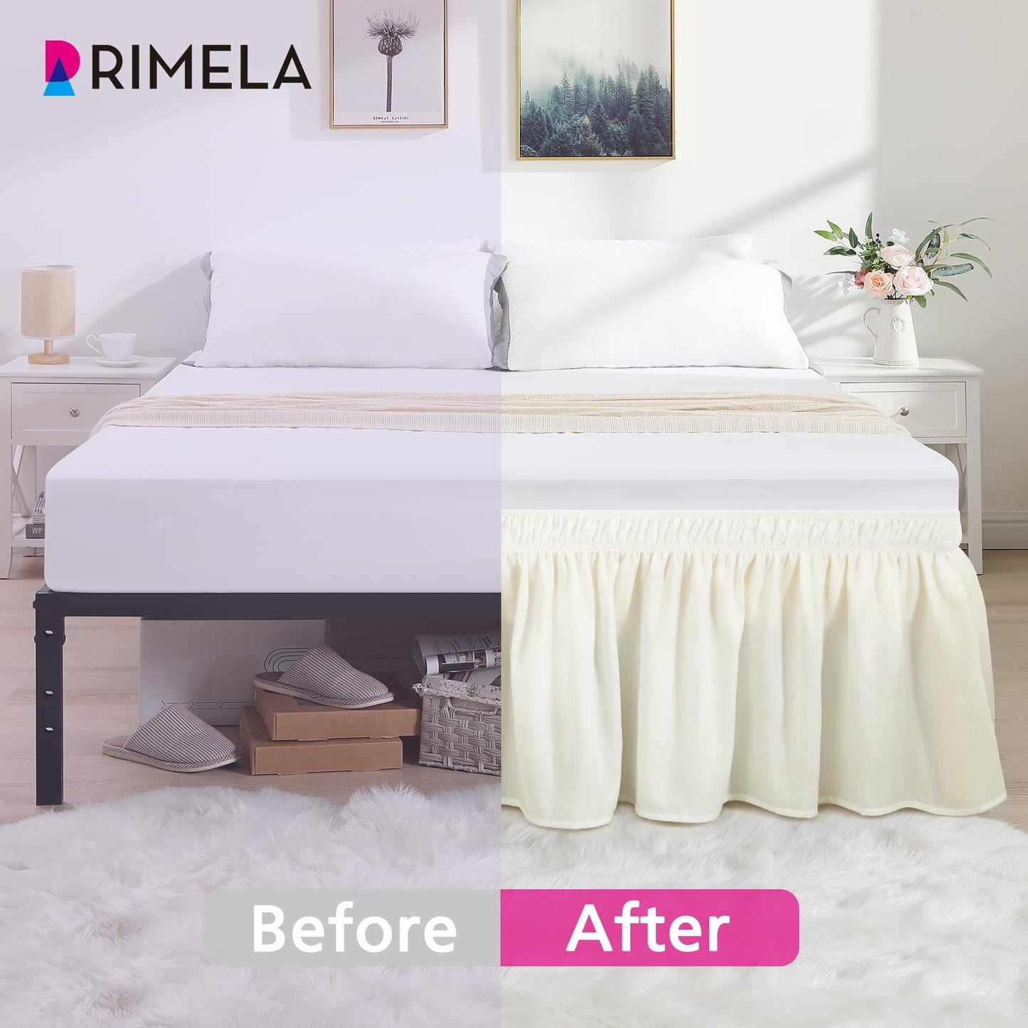 RIMELA Cream Bed Skirt Queen Size 15 Inch Drop, Elastic Bed Skirting for Bed Base and Frame, Bedding Dust Ruffle Easy to Install, Lightweight Wrap Around Adjustable Bedskirt