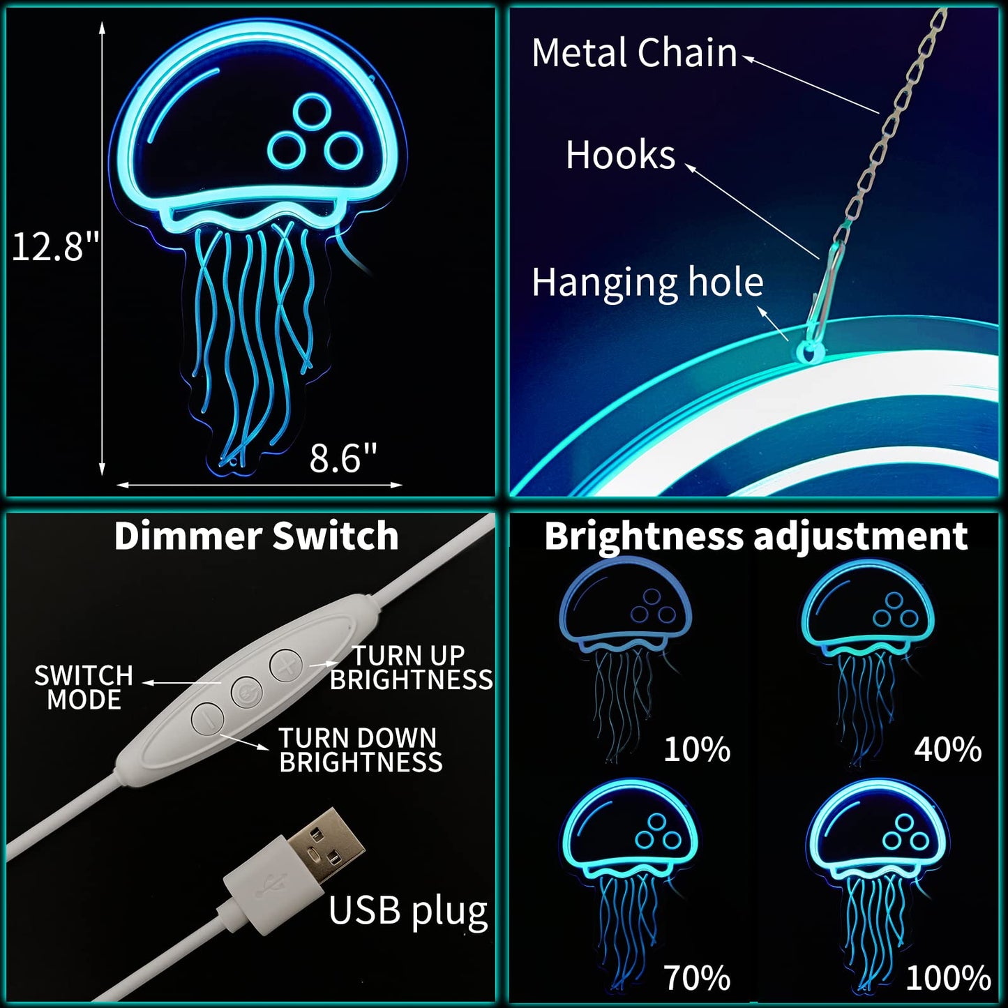 welltodo Jellyfish Neon Signs,Cool Ice Blue Neon Sign for Wall Décor, LED Neon Light Sign for Girls Bedroom Ocean Display Room,Kids Birthday Gift, Wedding Party, Holiday Decoration Powered by USB