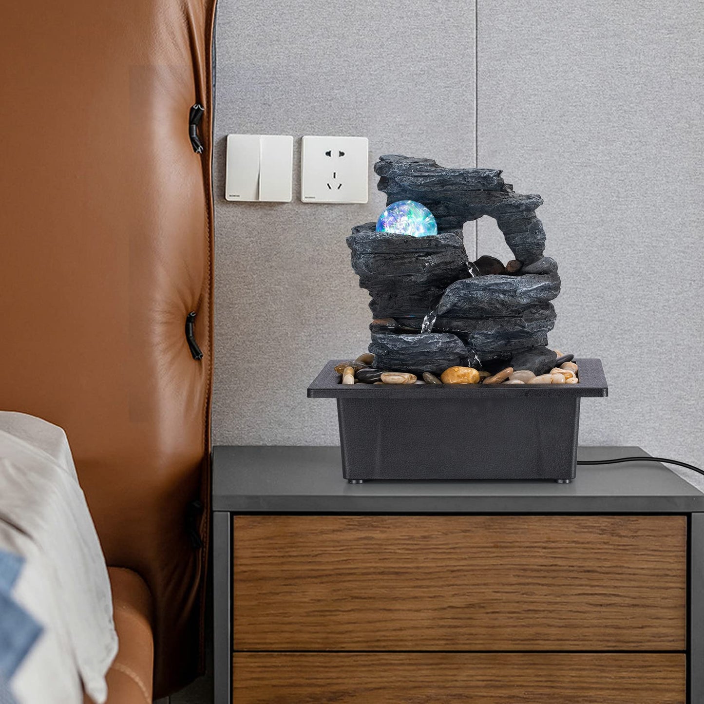 Amootek Tabletop Fountain Rotating Ball Rock Waterfall Fountain Office Includes Many Natural River Rocks Decorated with Colorful Lights, 9.05" L x 6.89" W x 10.23" H