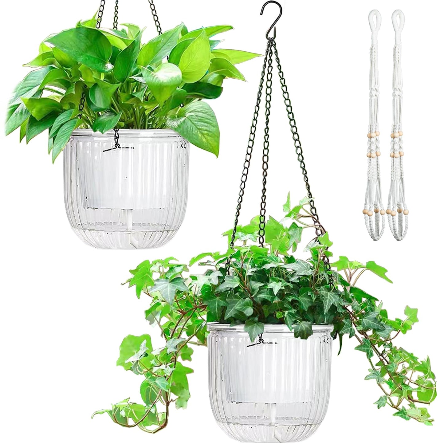 Melphoe 2 Pack Self Watering Hanging Planters Basket Indoor Hanging Flower Pots, 6.5 Inch Outdoor Hanging Plant Pot Basket, with Extra 30 Inch Macrame Plant Hanger for Garden Home Decor