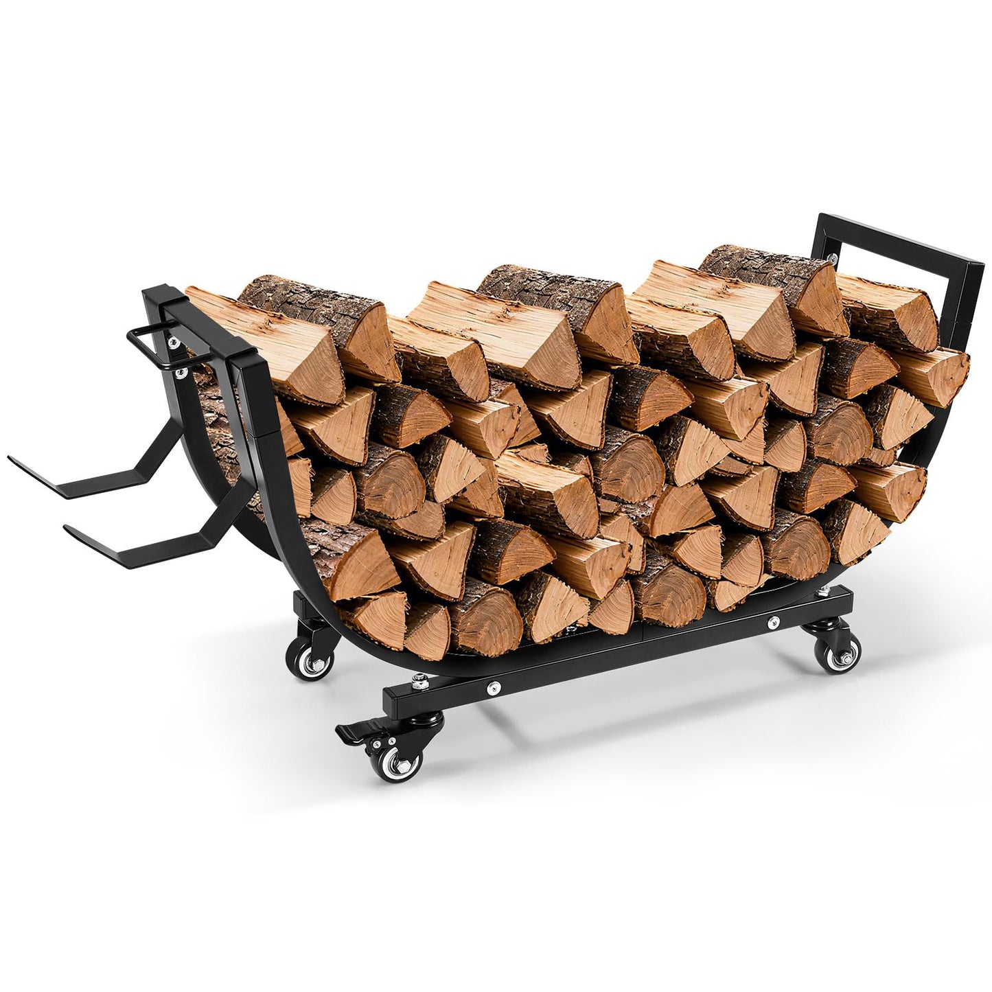Primachen Firewood Rack Outdoor and Indoor with Wheels & Kindling Wood Hooks, Firewood Storage, Fireplace Wood Storage Rack Movable, Waterproof Stable Log Holder for Fireplace Patio Organizer