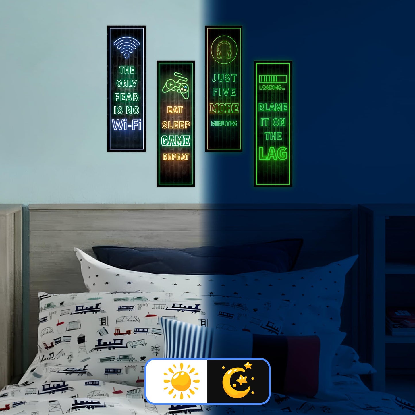 Eat Sleep Game Wall Decals Glow in The Dark, Gamer Controller Stickers Decor for Boy Bedroom, Joystick Video Gaming Kids Playroom Nursery Decoration (Green)