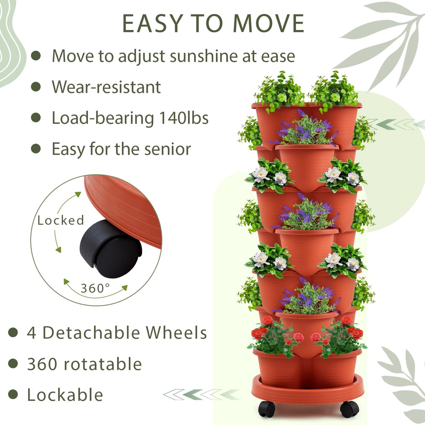 Umigy 2 Set Clay Red 7 Tier Stackable Vertical Planters with Removable Wheels and Tools Tower Planters Strawberry Herb Flower Vegetable Pots Indoor Outdoor Gardening Pots