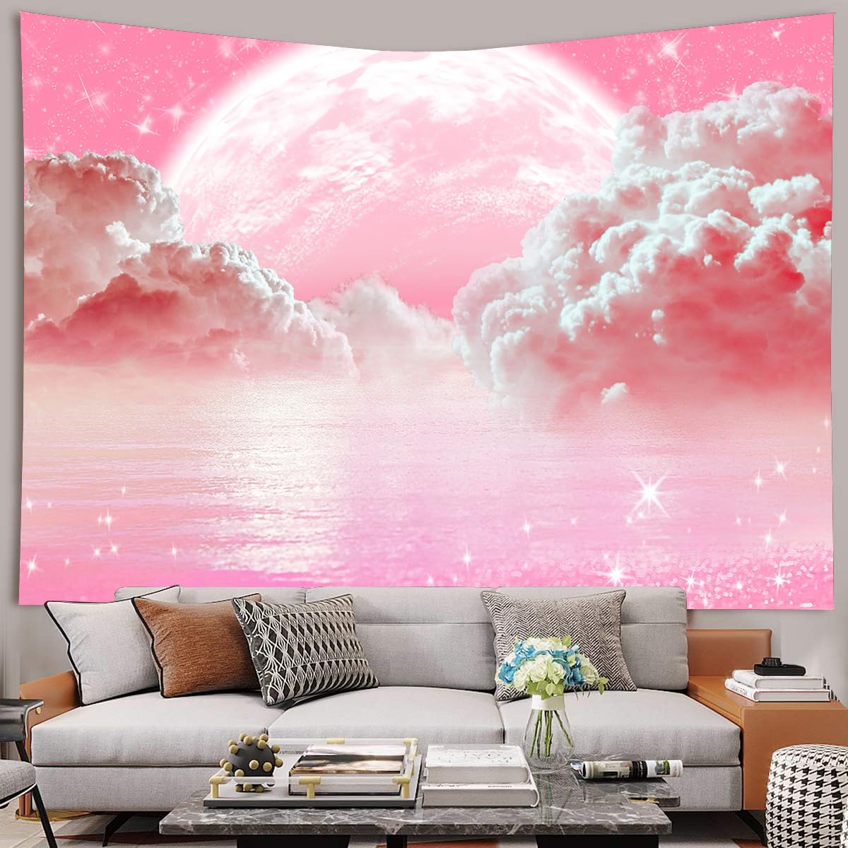 Pink Clouds Sky Tapestry Ocean Moon Stars Nature Landscape Tapestry Fantasy White Cloud Aesthetic Tapestries Wall Hanging for Girls Women Nursery Bedroom Living Room Bedroom Dorm 60X40Inch