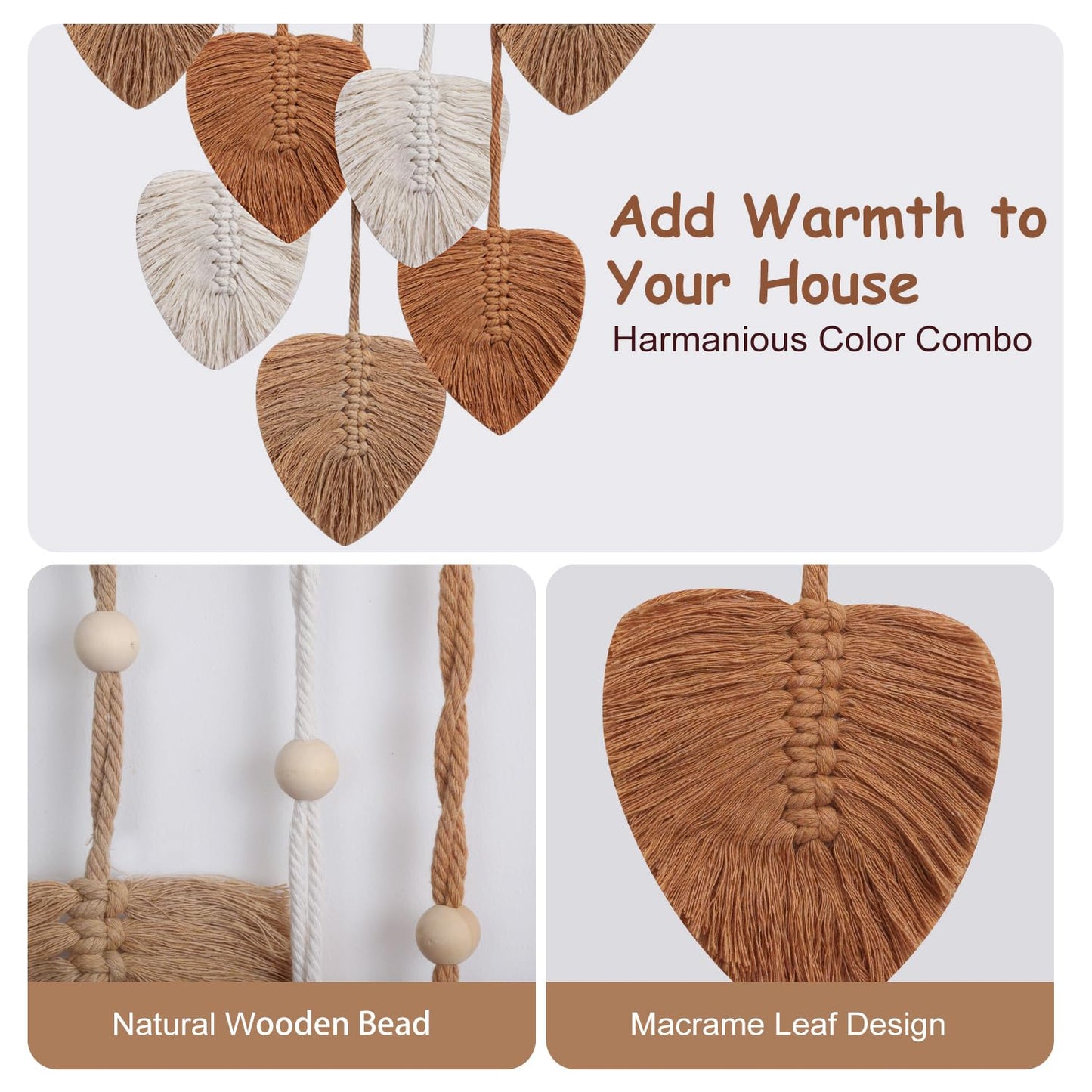 EaseMyKit Wall Hanging Decor Leaves Tapestry, Boho Wall Decor Woven Feather Handmade Yarn Tassels Leaf Macrame Wall Art Decorations for Living,Bedroom,Office,Nursery,Apartment Room,16x22 Inch(Brown)