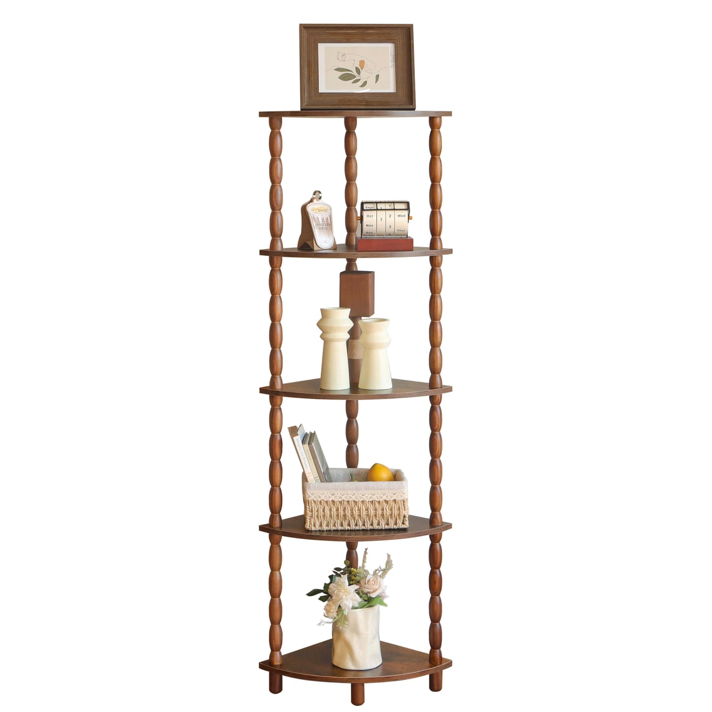 MaxSmeo Corner Shelf, 5-Tier Corner Bookshelf for Small Spaces, Stylish Corner Storage Display Shelves for Bedroom, Bathroom, Kitchen, Living Room (Rustic Brown)