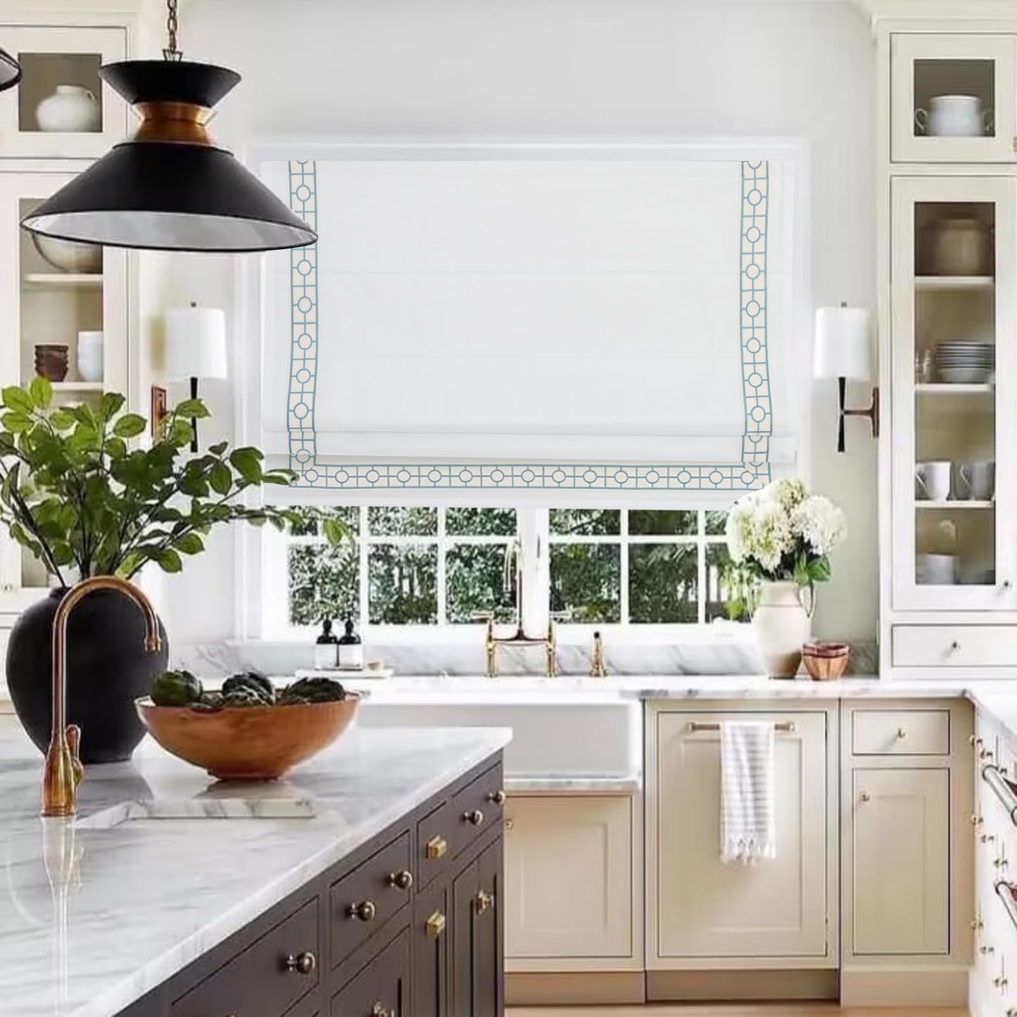 Cordless Roman Shades, Blackout Roman Shades, White Embroidered Blue Border Window Shades for Windows, Doors, Kitchen Windows