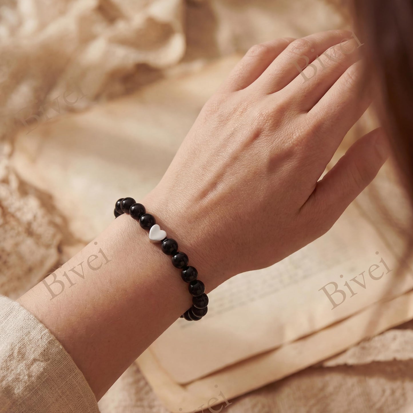Bivei 6mm Black Onyx Crystal Stretch Bracelets for Women, Handmade Natural Stone Beaded Bracelet, Yoga Protection Jewelry Gift