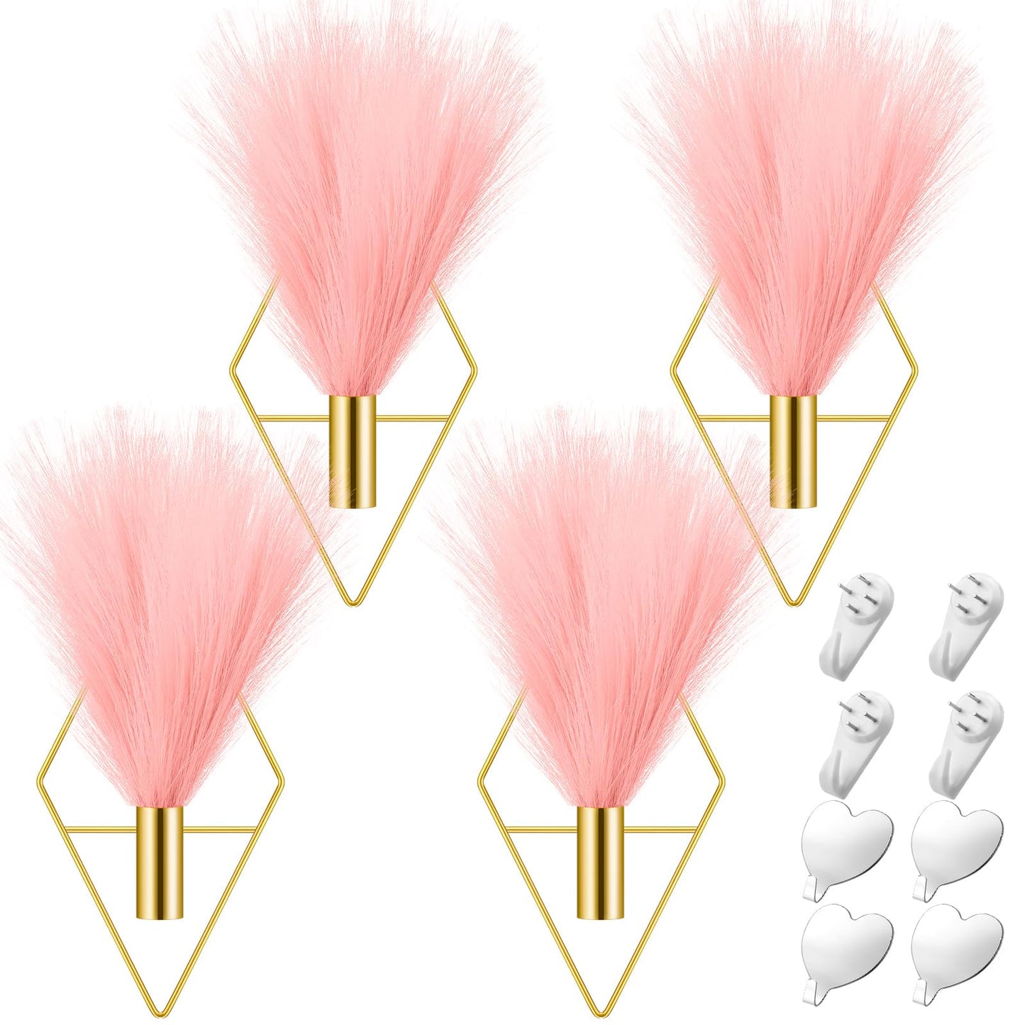 Hanaive 4 Sets Boho Gold Wall Decor Metal Wall Art Hanging Planters with Artificial Pampas Display Art Modern Home Metal Vase for Bedroom Living Room Home Office(Gold, Pink)