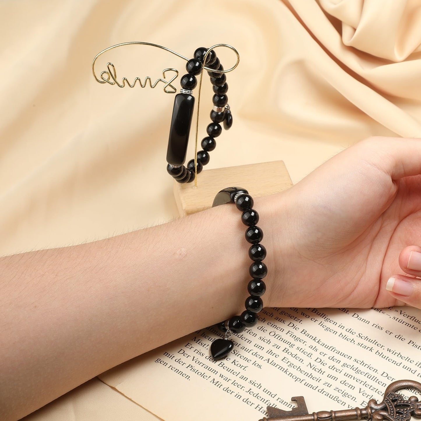 TUMBEELLUWA Healing Stone Bracelet 8mm Beads Chakra Crystal Energy Heart Charm Bracelet Handmade Jewelry for Women, Black Obsidian