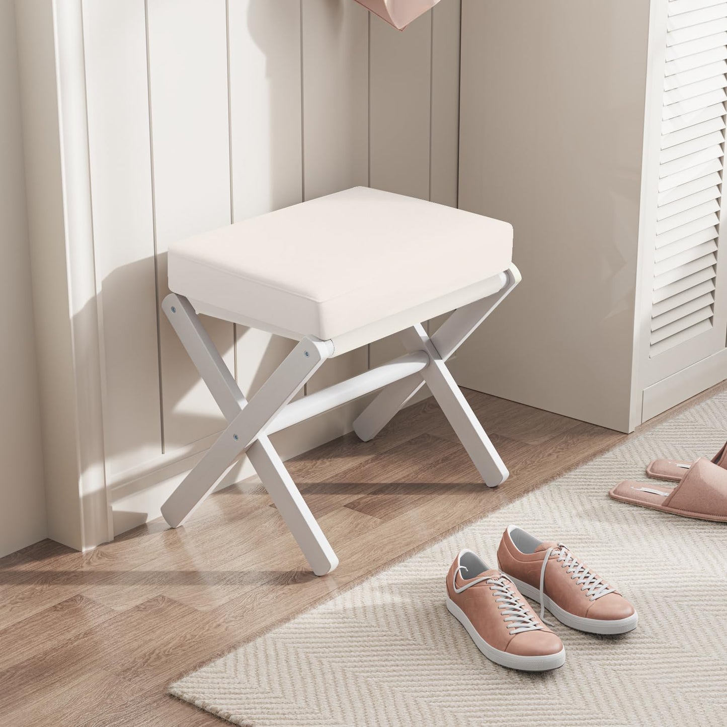 BAMBOOHOMIE Foldable Foot Stool Ottoman, Modern Foot Rest with Bamboo X Legs & Thick Foam Cushion, Folding Foot Stools Small Padded for Bedroom Living Room, Footstool for Chair Couch (White - White)