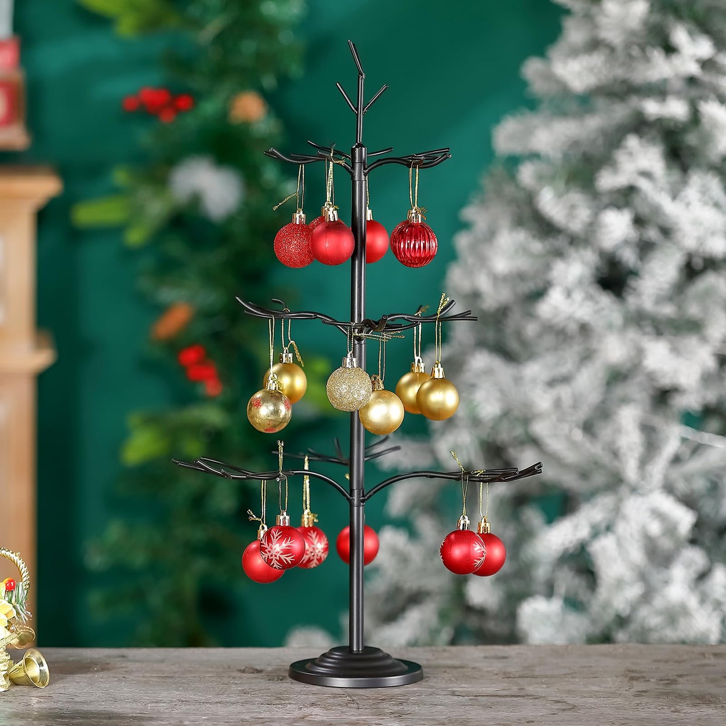 Metal Ornament Display Tree, Black Ornament Tree Display Stand, 22 Inch Christmas Tabletop Ornaments Hangers Stand, 3-Tier Wire Displays Trees for Easter Halloween Christmas Ornaments