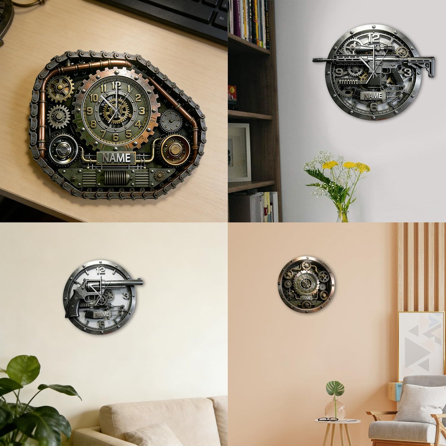Personalized 2D Flat Printing Gun Wall Clock, Custom Name Tactical Gun Clocks Wall Decor for Bedroom Living Room Man Cave, Fathers Day Birthday Gifts for Dad Husband Grandpa Military Lovers (Style 12)