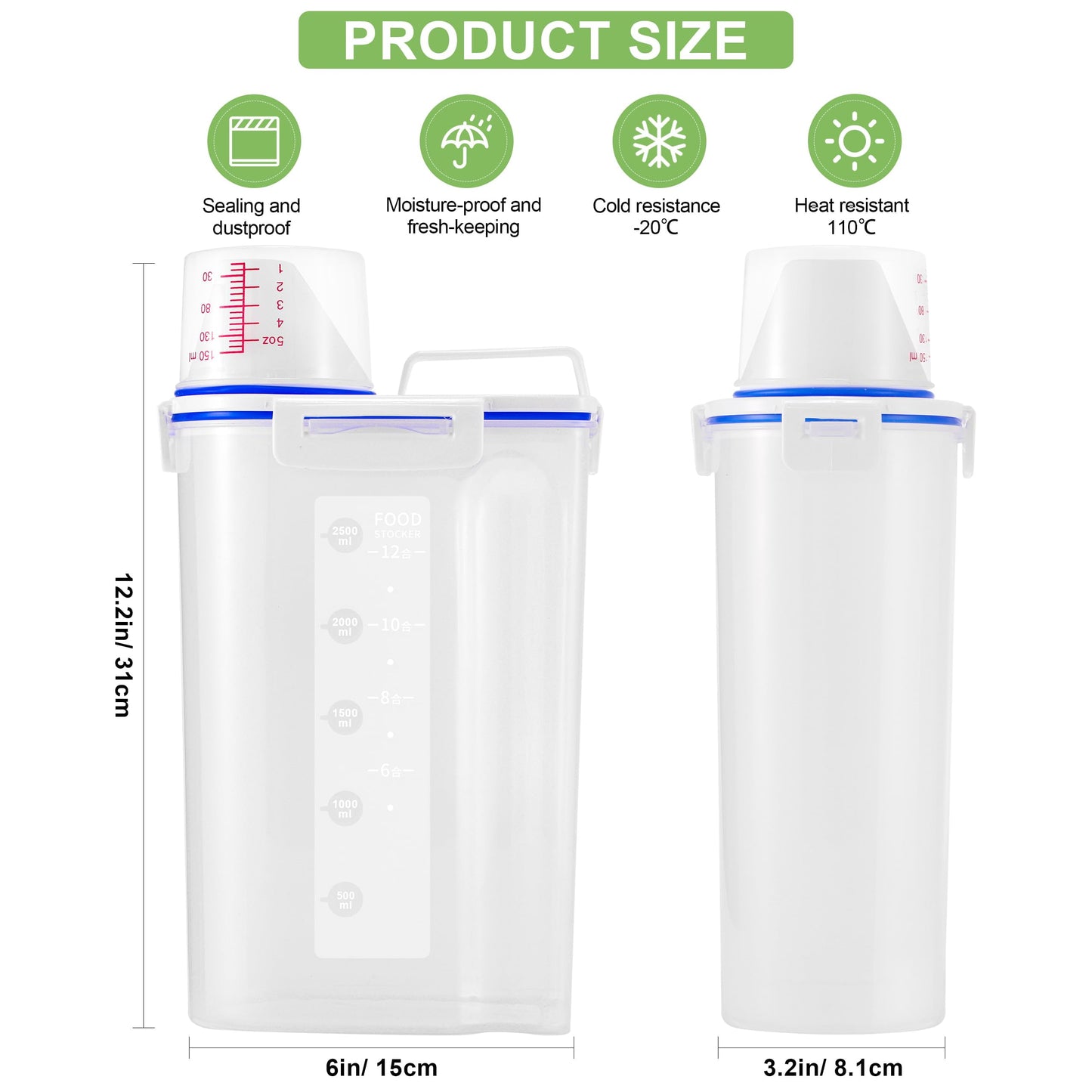 HNNJCK 4 Pcs Set Rice Storage Container 5.5lb, Rice Dispenser with Measuring Cup & Pour Spout for Flour Pasta Grain Pet Dog Cat Bird Food Storage Container