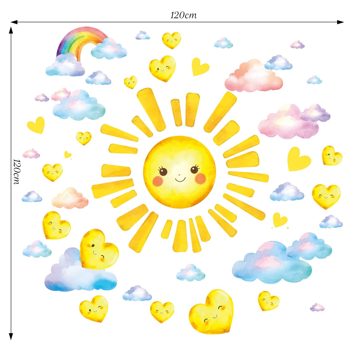 SHUCHING Large Sun Wall Sticker Peel and Stick, Vinyl Cloud Heart Wall Decal, Wall Decor for Kids Bedroom Nursery Playroom