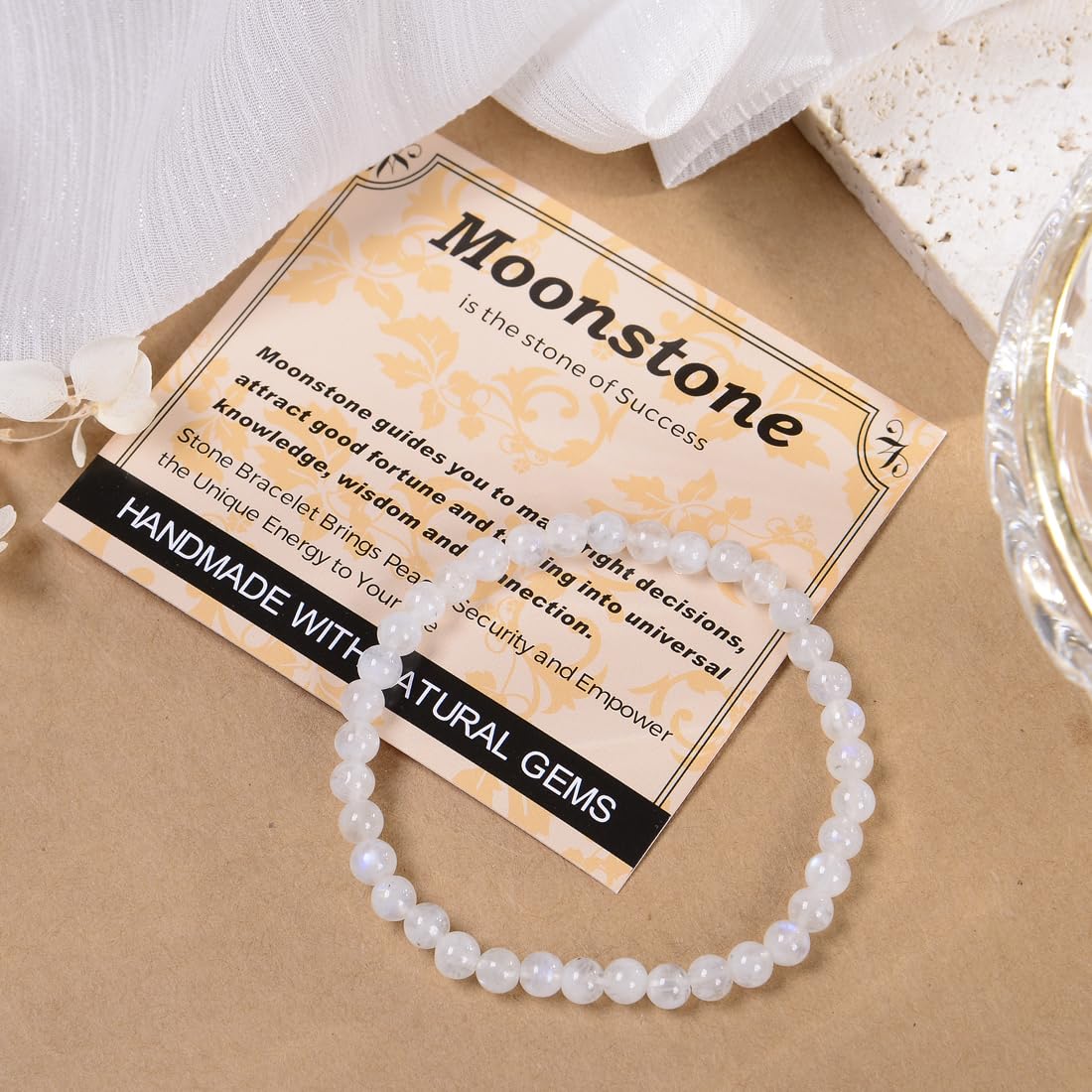 MASSIVE BEADS Moonstone - Success - Handmade Handmade Yoga Stretch Elastic Bracelet Natural Stone Crystal Healing Power Energy Gifts for Unisex Adult 4mm