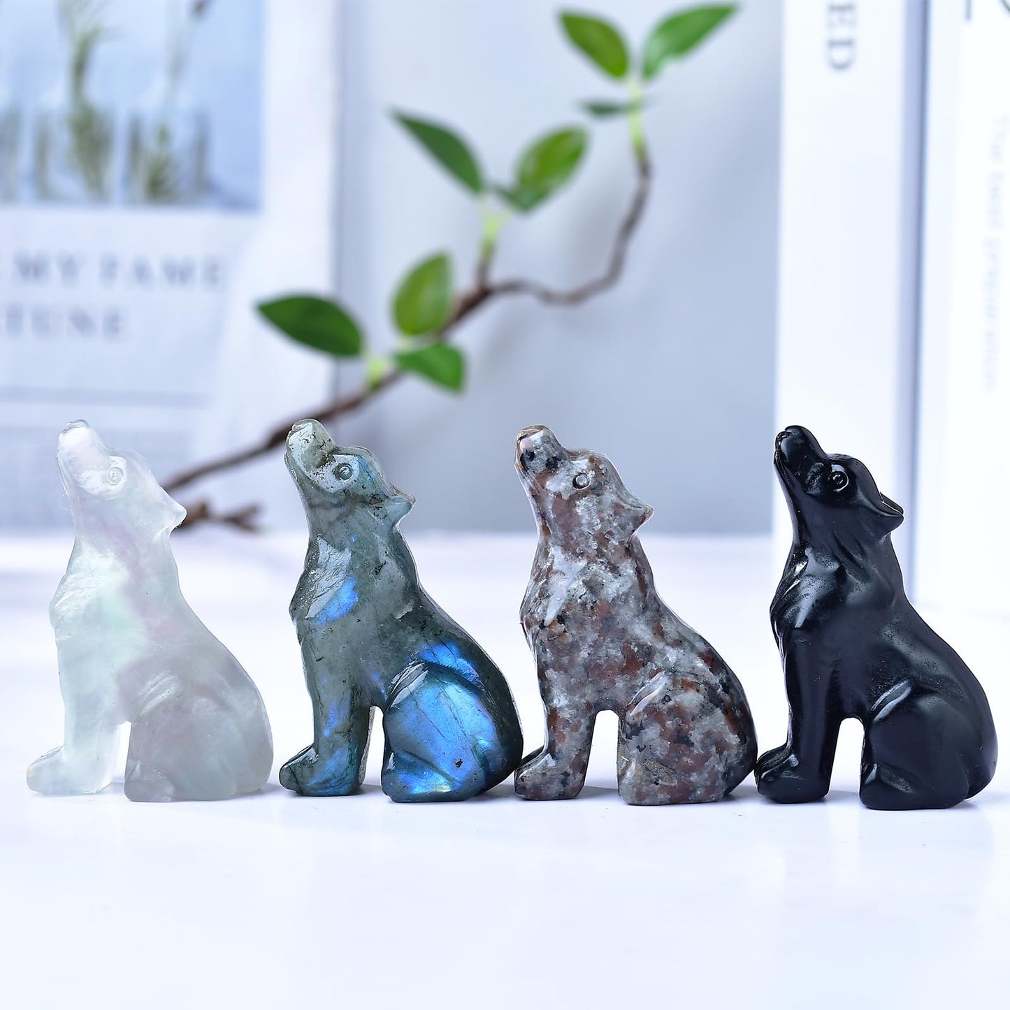 Ytbeoxk 2.1 Inch Labradorite Wolf Crystal Statue，Birthday Present Healing Crystal Decor，Wolf Totem Figurines Stone Energy Gemstones, in Bedroom Office Christmas Meditation Gifts for Men Women