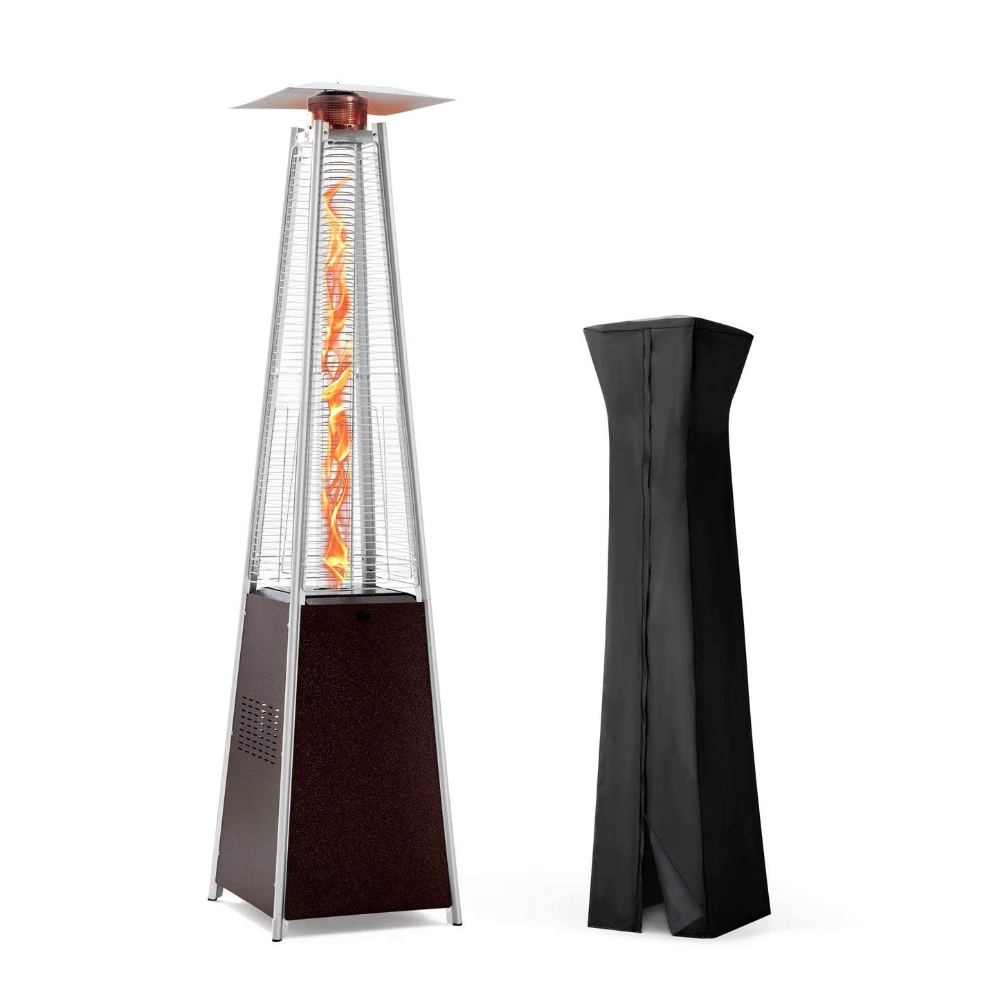 PATIOPIA 48,000 BTU Flame Pyramid Pool Heater With Cover, Triple Safety Protection Portable Patio Heater with Patio Cover, Warm Glass Tube with Durable Wheels-Brown